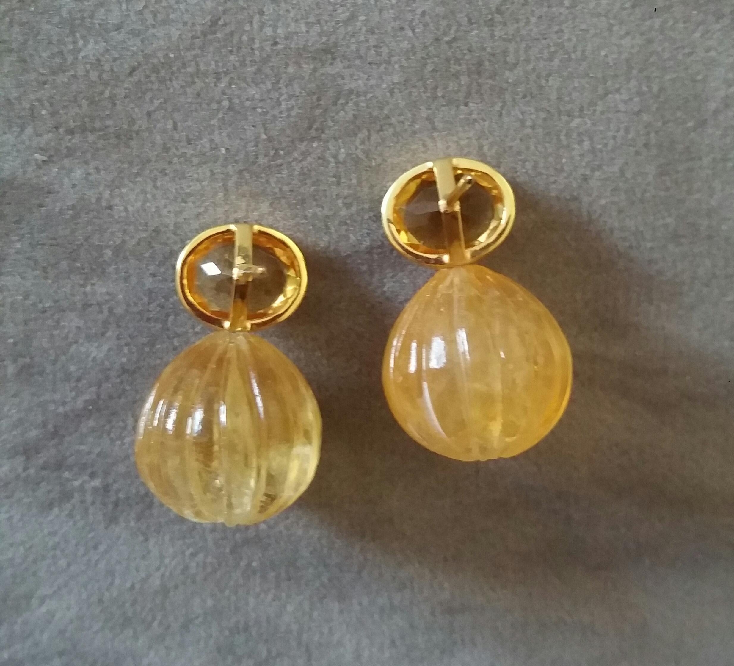 Faceted Oval Shape Citrine Gold Bezel Engraved Citrine Round Drops Stud Earrings 1