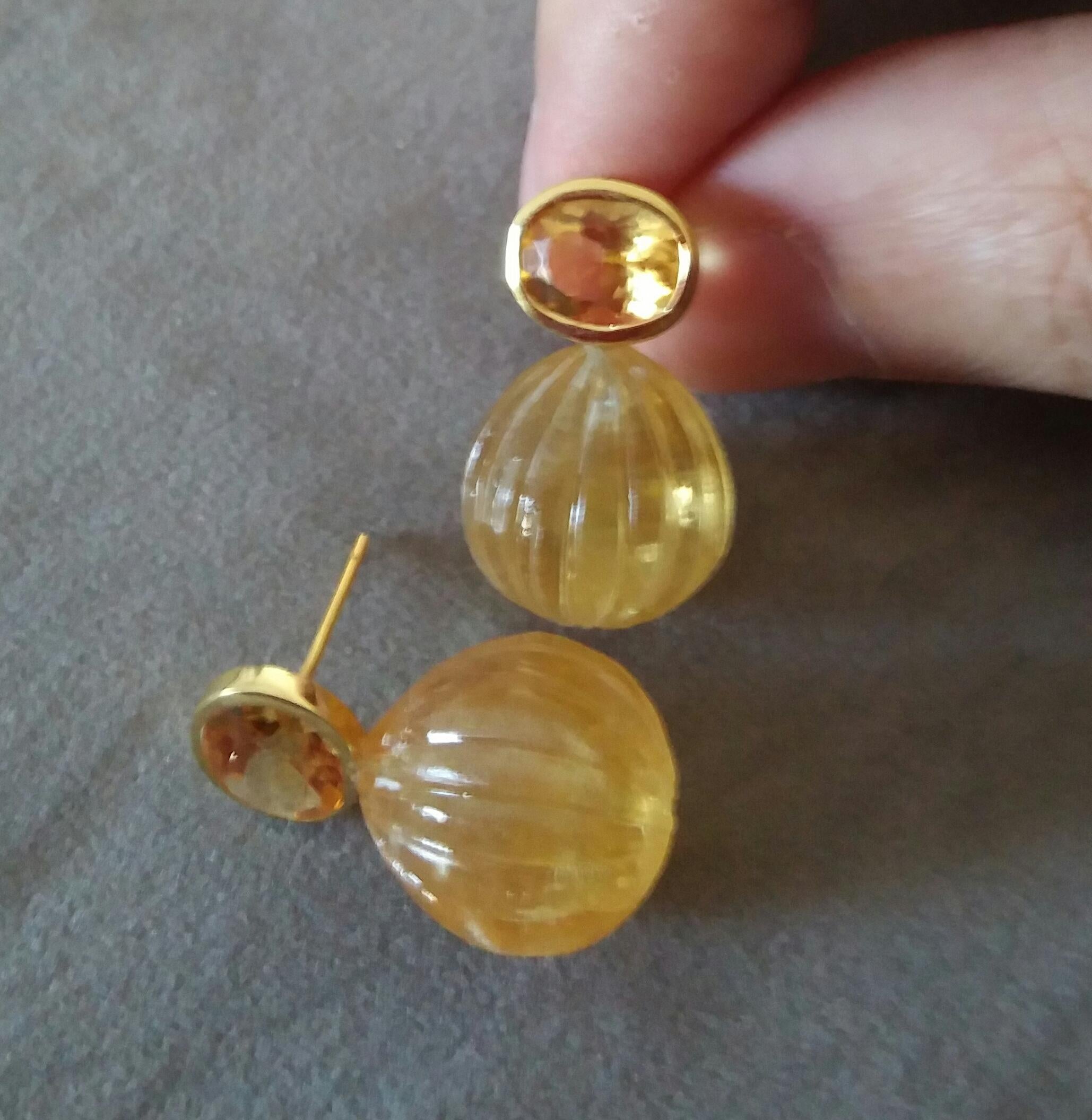 Faceted Oval Shape Citrine Gold Bezel Engraved Citrine Round Drops Stud Earrings For Sale 2