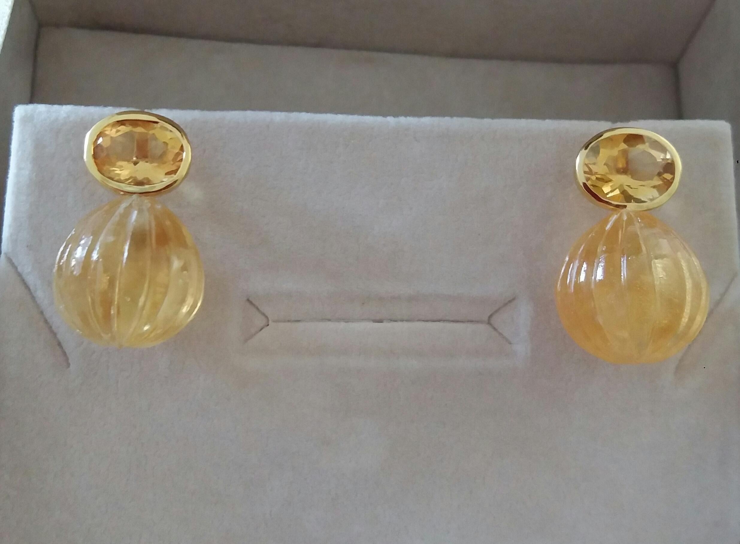 Faceted Oval Shape Citrine Gold Bezel Engraved Citrine Round Drops Stud Earrings For Sale 3