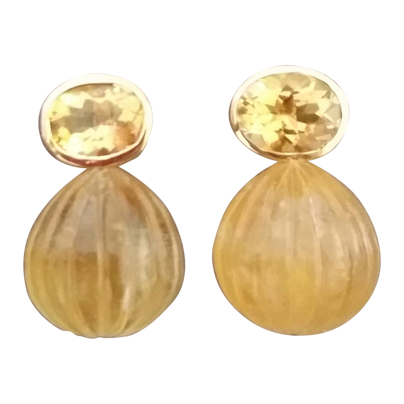 Faceted Oval Shape Citrine Gold Bezel Engraved Citrine Round Drops Stud Earrings For Sale
