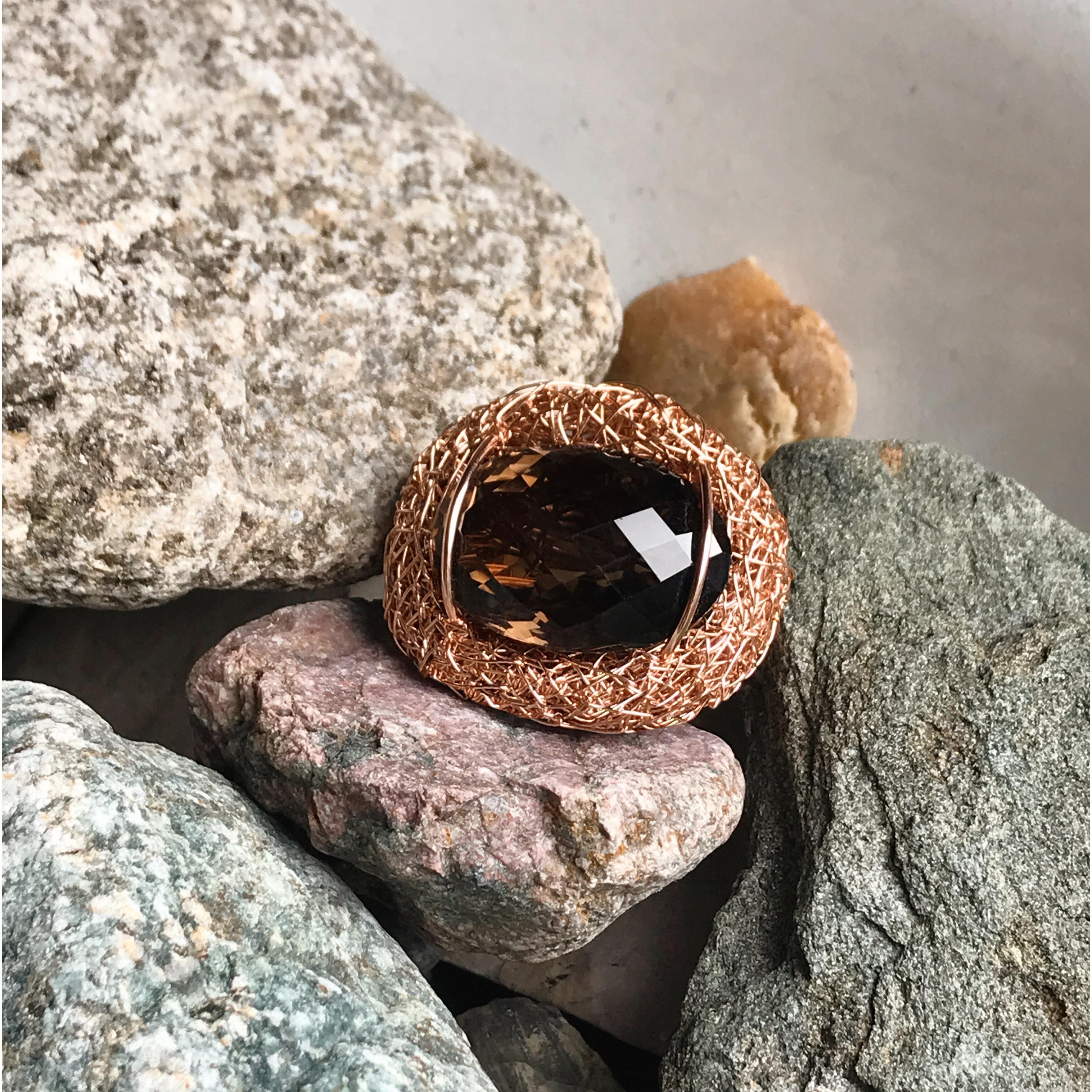 Faceted Oval Smoke Quartz Cocktail Ring Statement by the Artist 14 kt Rose GF In New Condition For Sale In Engelberg, CH