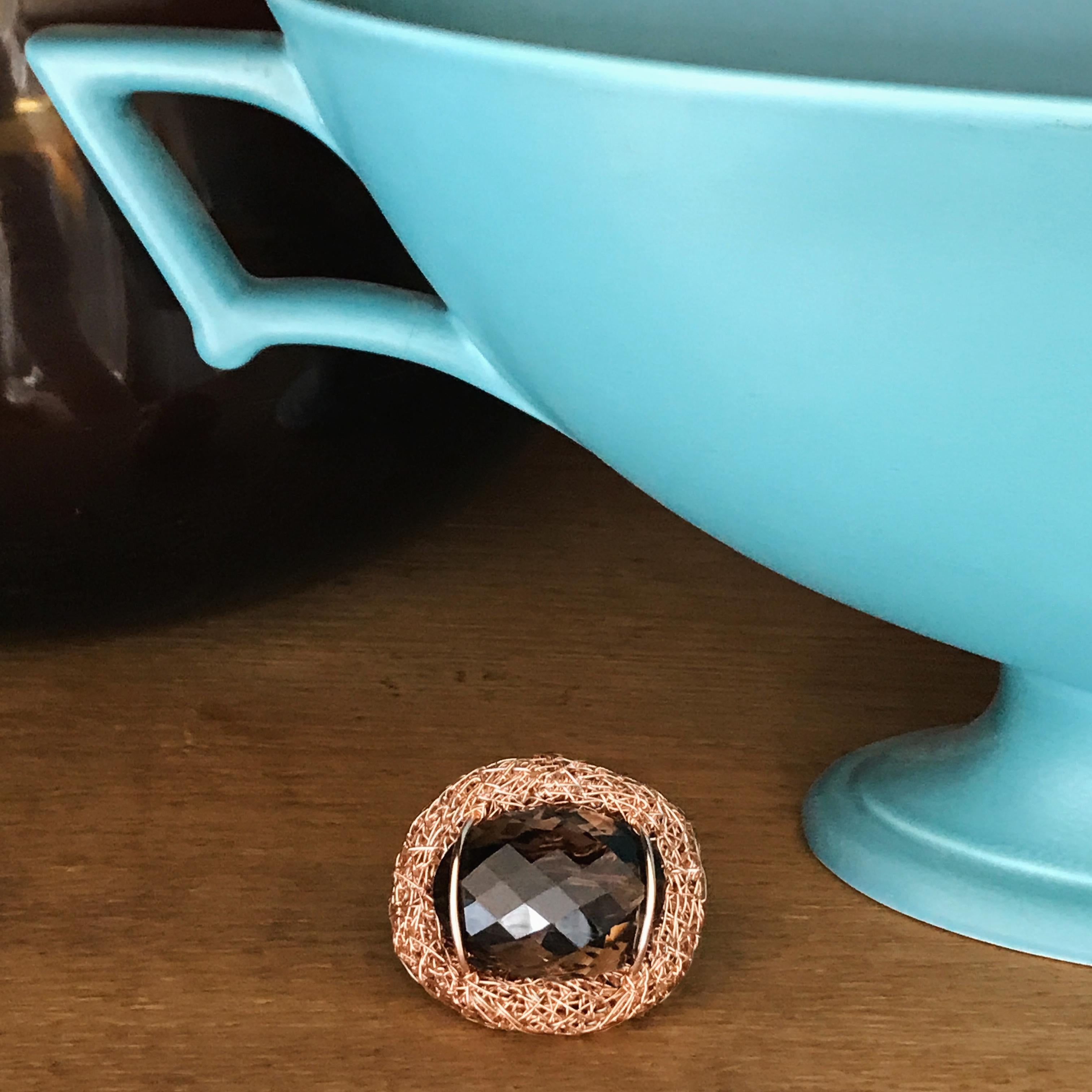 Faceted Oval Smoke Quartz Cocktail Ring Statement by the Artist 14 kt Rose GF For Sale 1