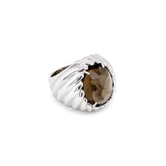 Facettierter ovaler Rauchquarz Bombé-Kuppel-Cocktailring aus 14 Karat Weißgold