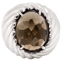 Facettierter ovaler Rauchquarz Bombé-Kuppel-Cocktailring aus 14 Karat Weißgold