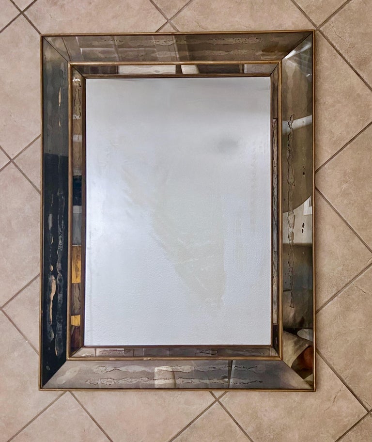 Faceted Oxidized Antiqued Panel 1940s Wall Mirror For Sale