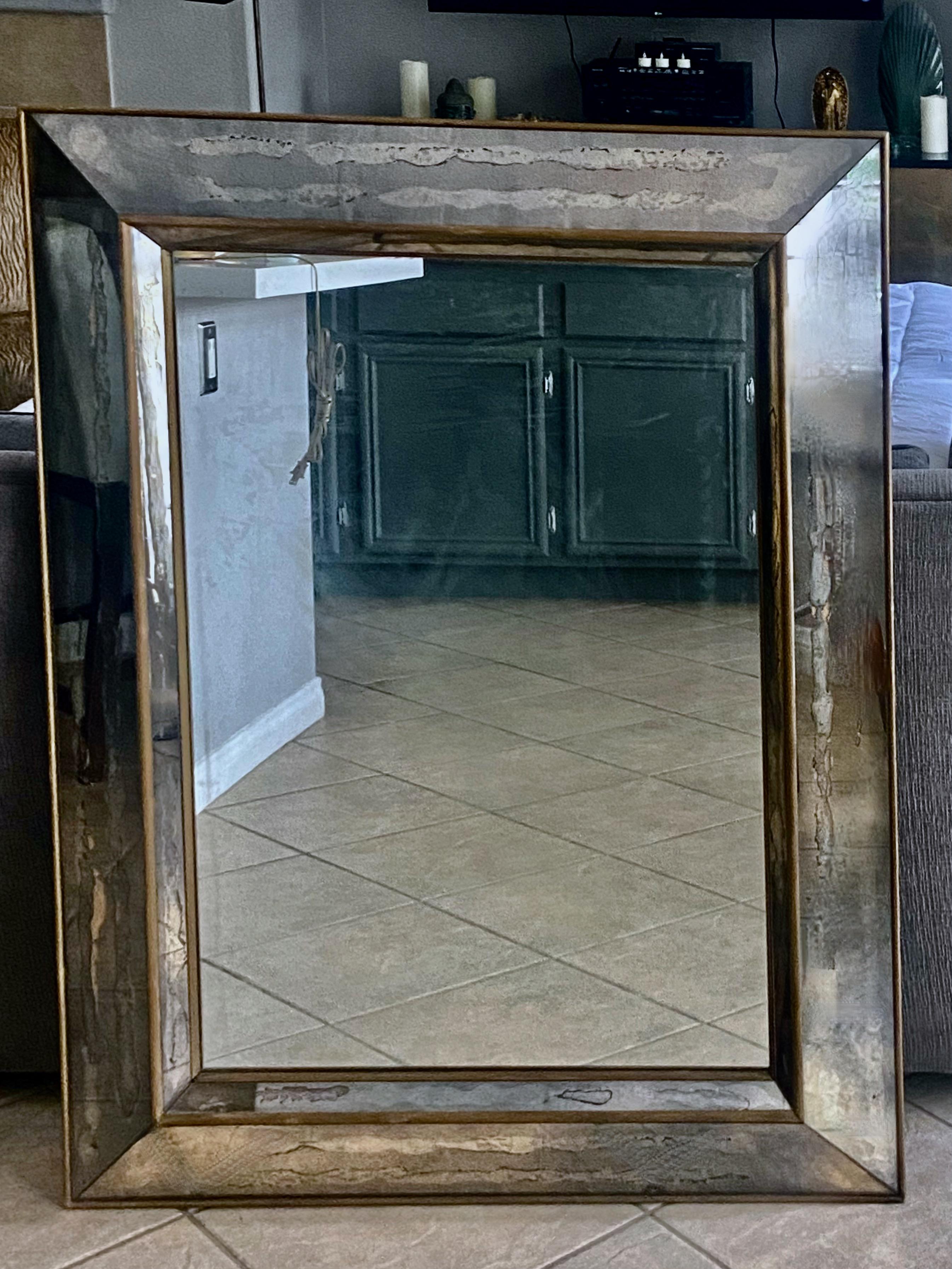 Faceted Oxidized Antiqued Panel 1940s Wall Mirror In Good Condition For Sale In Palm Springs, CA