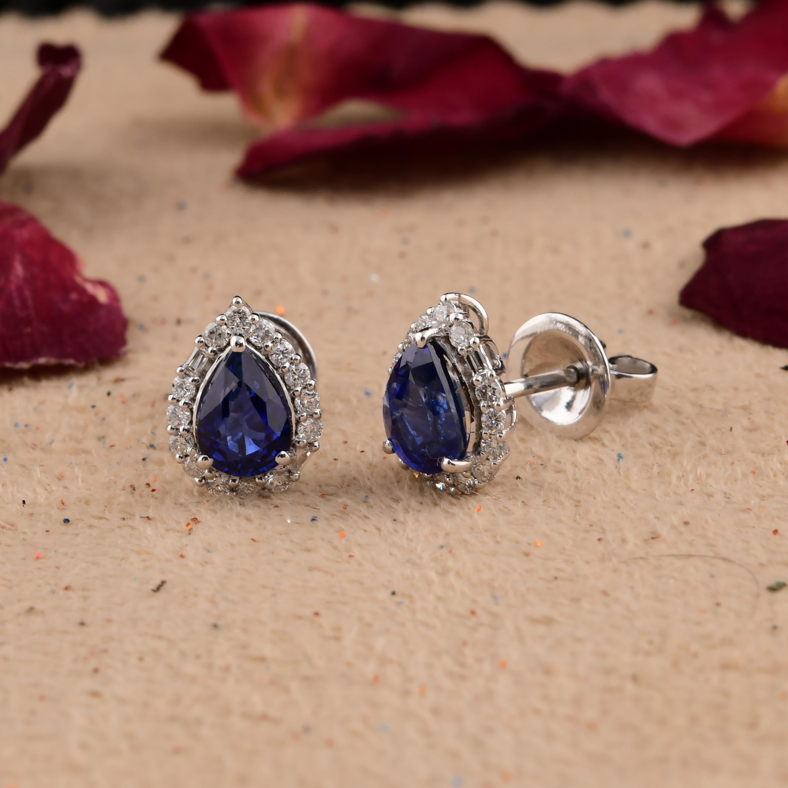Art Deco Faceted Pear Blue Sapphire Diamond Halo Stud Earrings 18 Karat White Gold For Sale