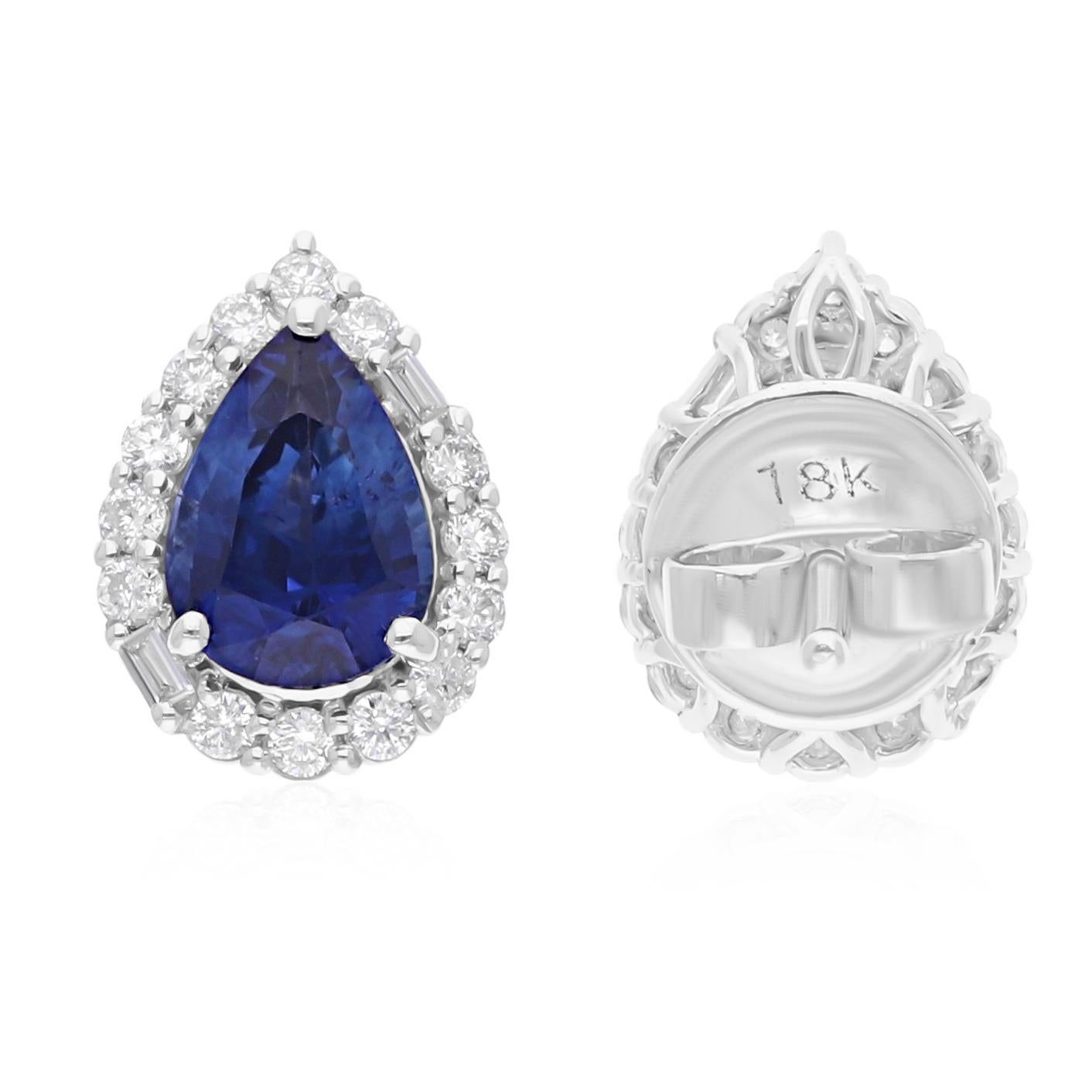 Pear Cut Faceted Pear Blue Sapphire Diamond Halo Stud Earrings 18 Karat White Gold For Sale
