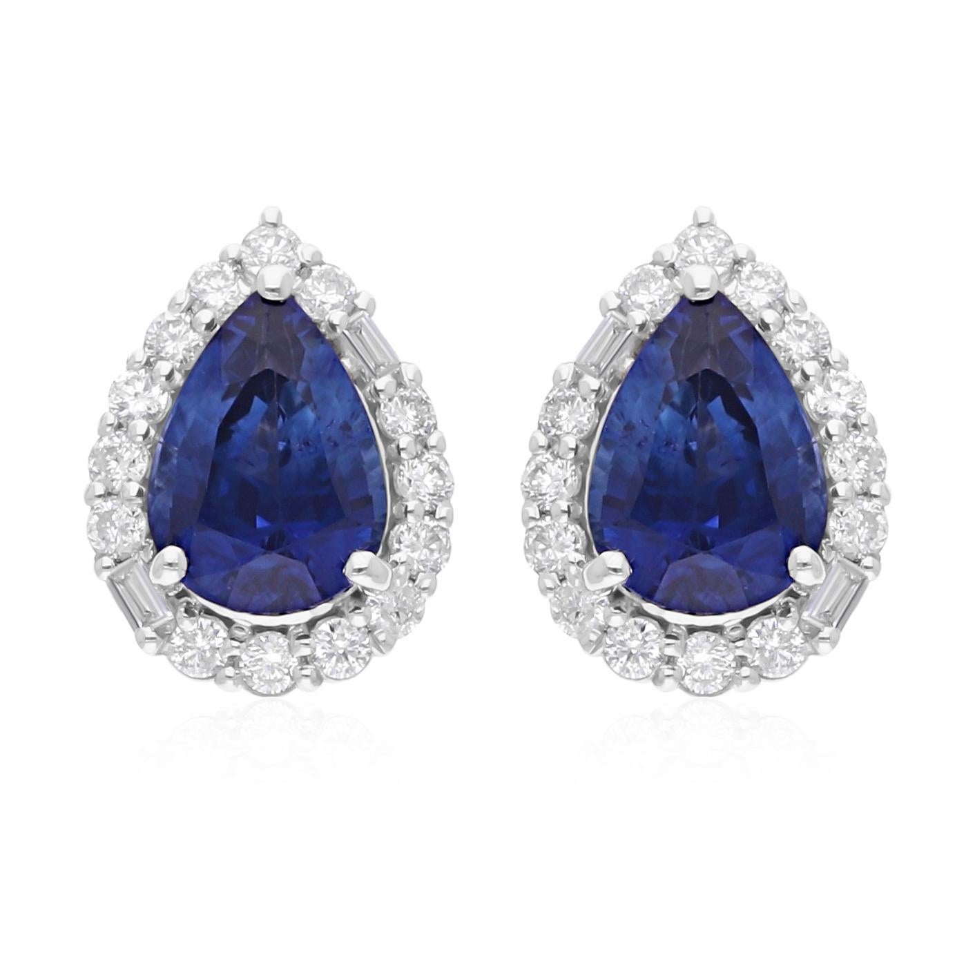 Faceted Pear Blue Sapphire Diamond Halo Stud Earrings 18 Karat White Gold In New Condition For Sale In Diera, Dubai