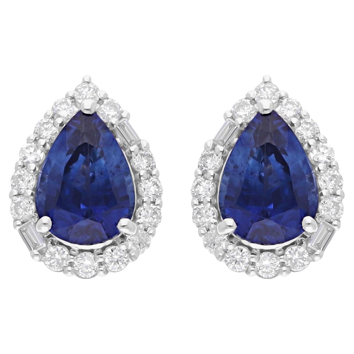 Faceted Pear Blue Sapphire Diamond Halo Stud Earrings 18 Karat White Gold For Sale