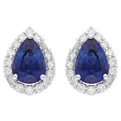Faceted Pear Blue Sapphire Diamond Halo Stud Earrings 18 Karat White Gold