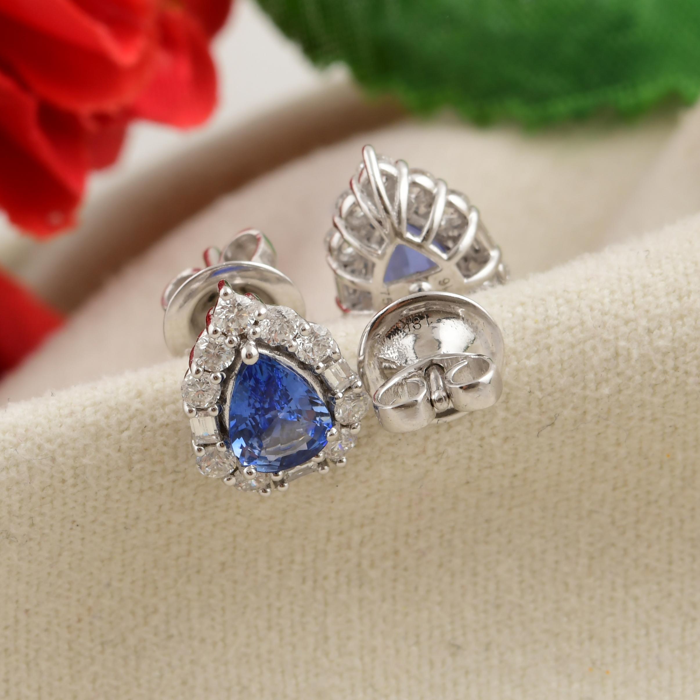 Art Deco Faceted Pear Cut Blue Sapphire Diamond Halo Tiny Stud Earrings 18k White Gold For Sale