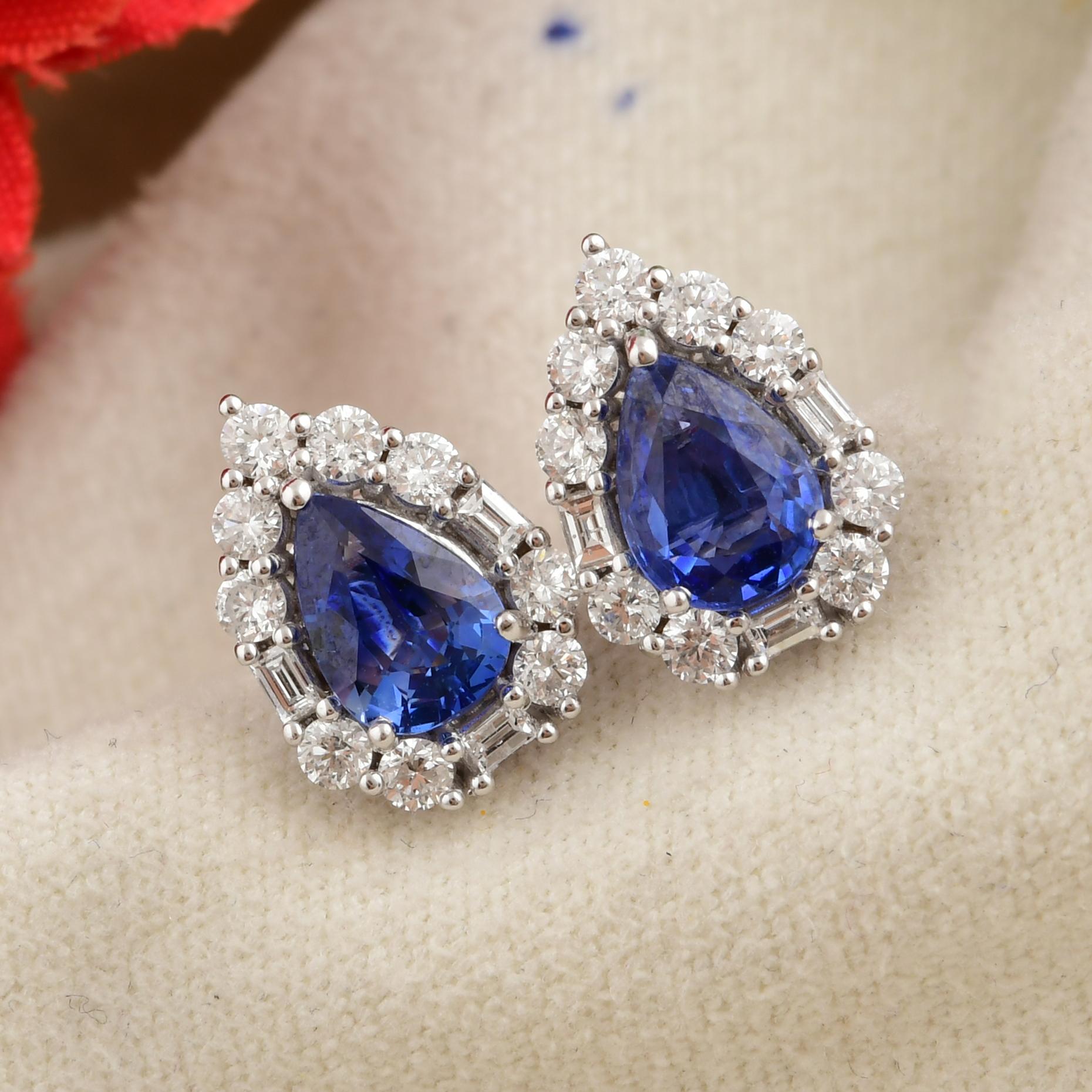 Women's Faceted Pear Cut Blue Sapphire Diamond Halo Tiny Stud Earrings 18k White Gold For Sale