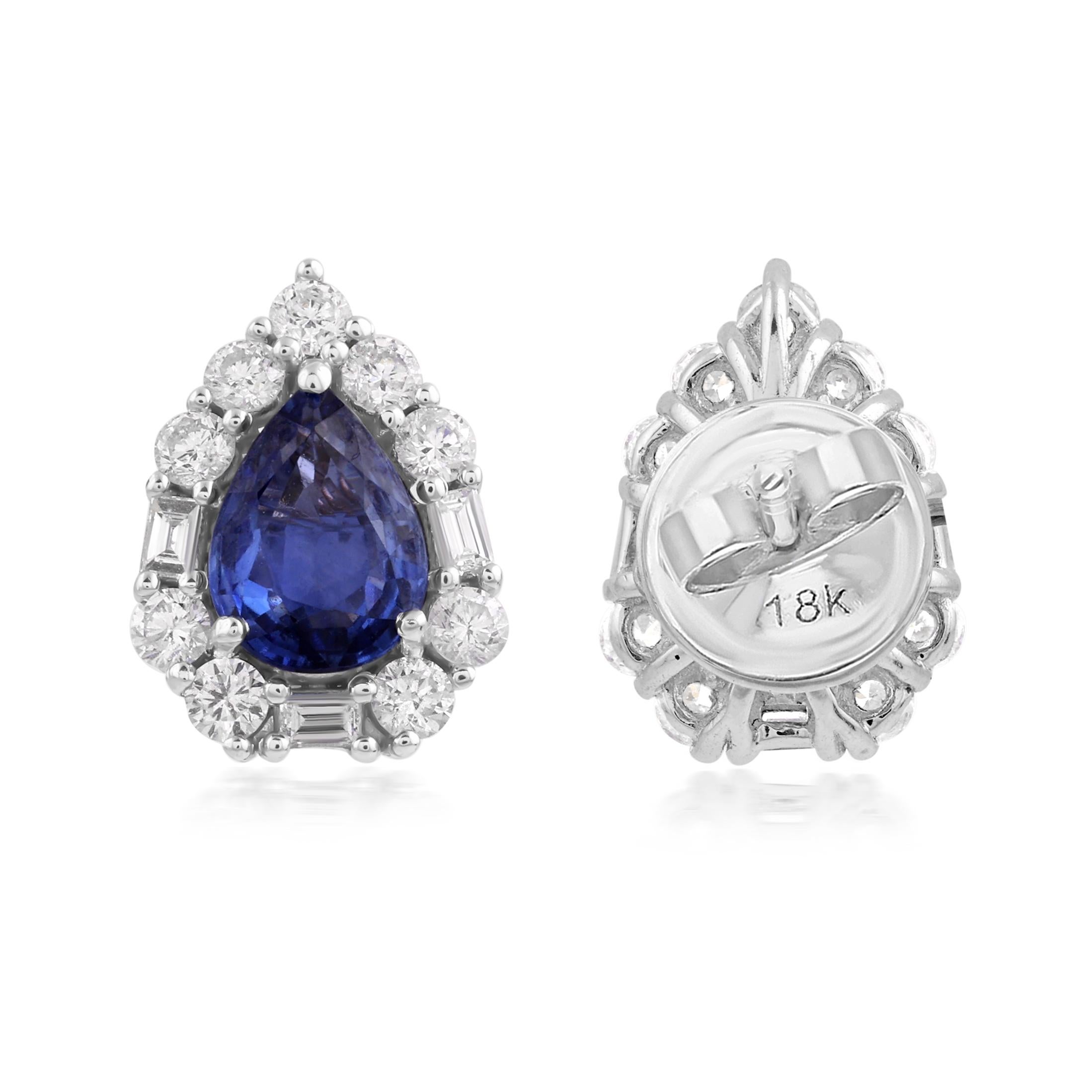 Faceted Pear Cut Blue Sapphire Diamond Halo Tiny Stud Earrings 18k White Gold For Sale 1
