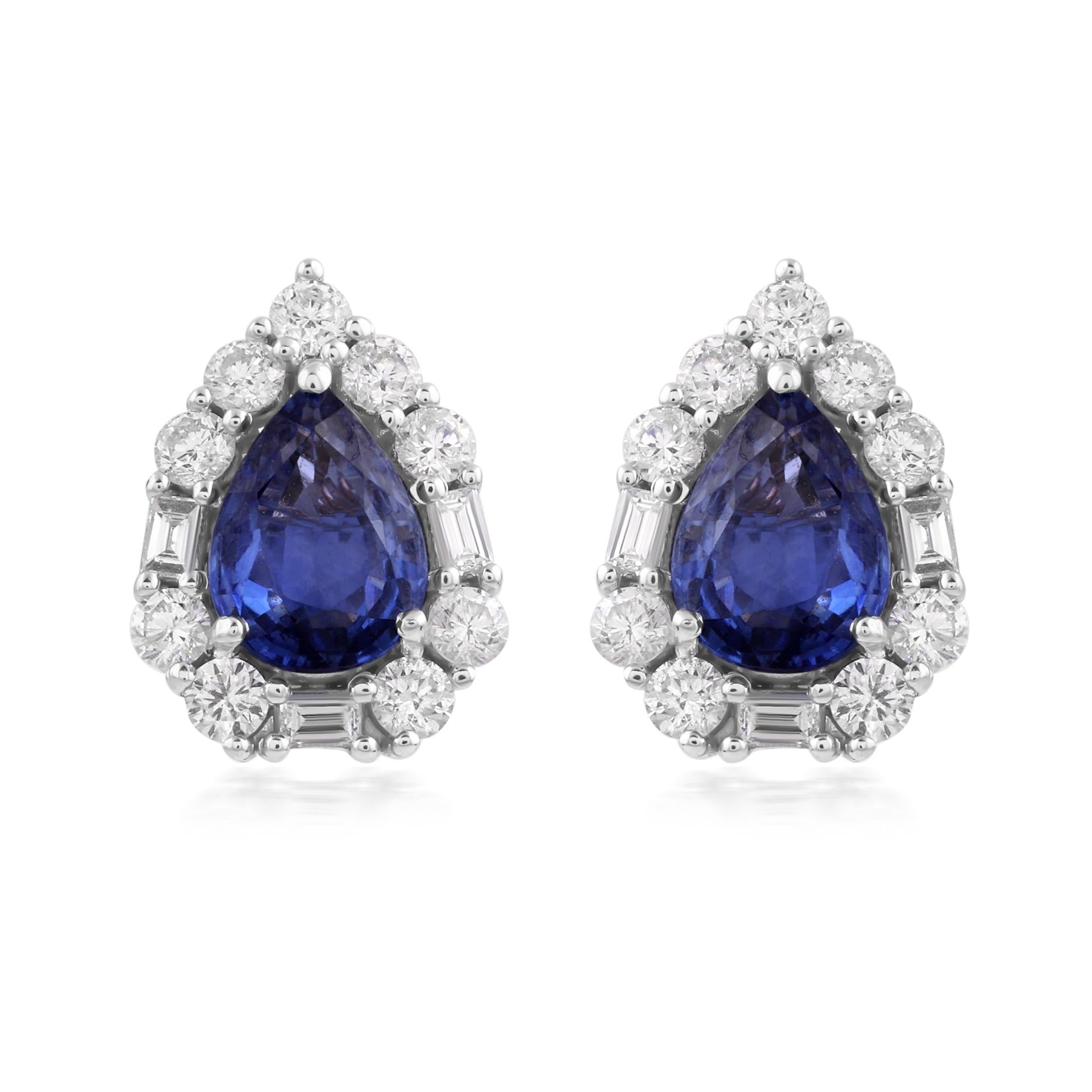 Faceted Pear Cut Blue Sapphire Diamond Halo Tiny Stud Earrings 18k White Gold For Sale 2
