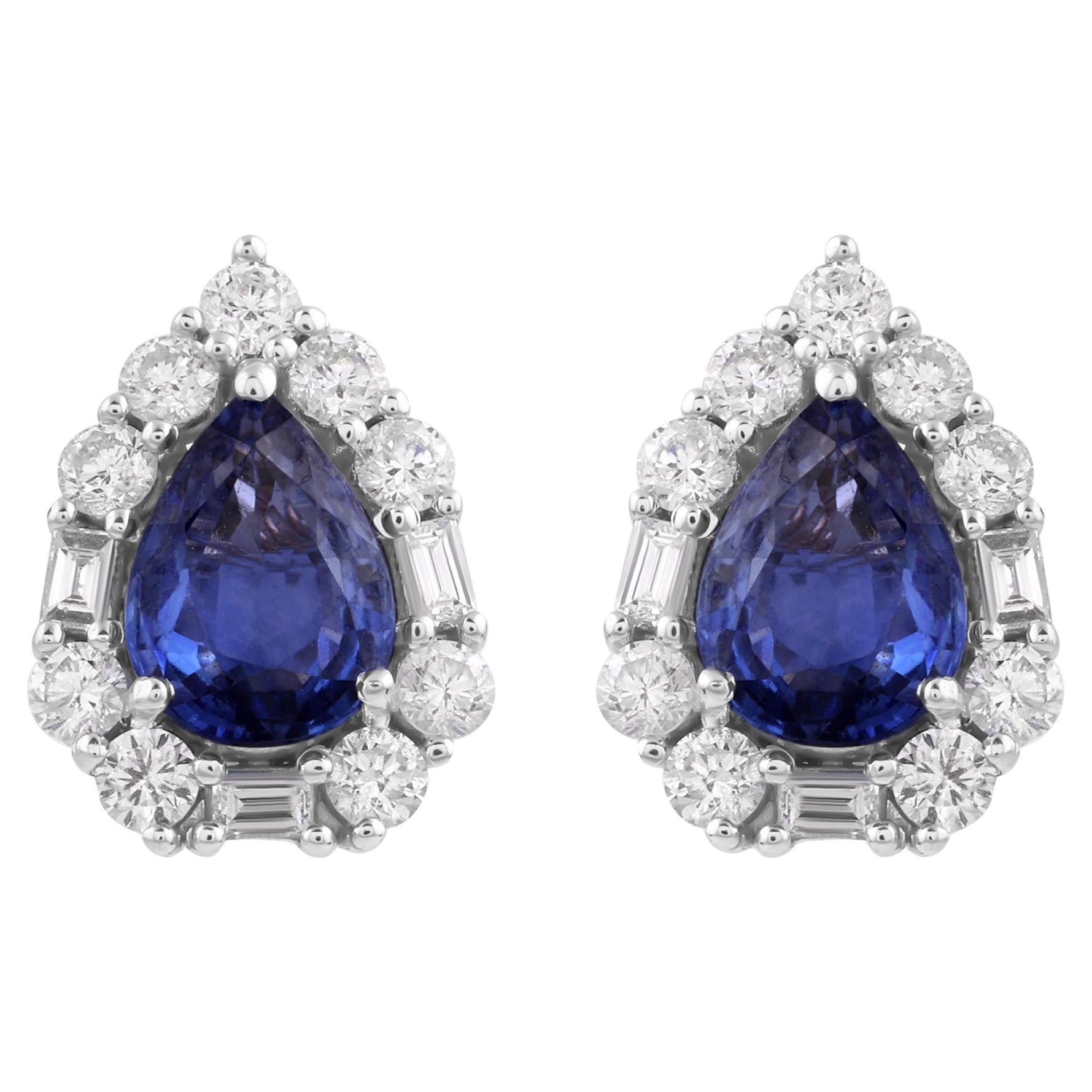 Faceted Pear Cut Blue Sapphire Diamond Halo Tiny Stud Earrings 18k White Gold