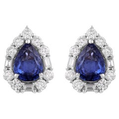 Faceted Pear Cut Blue Sapphire Diamond Halo Tiny Stud Earrings 18k White Gold