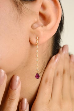 Faceted Pear Cut Ruby & Diamond Hanging Long Dangle Earrings in 18k Yellow Gold