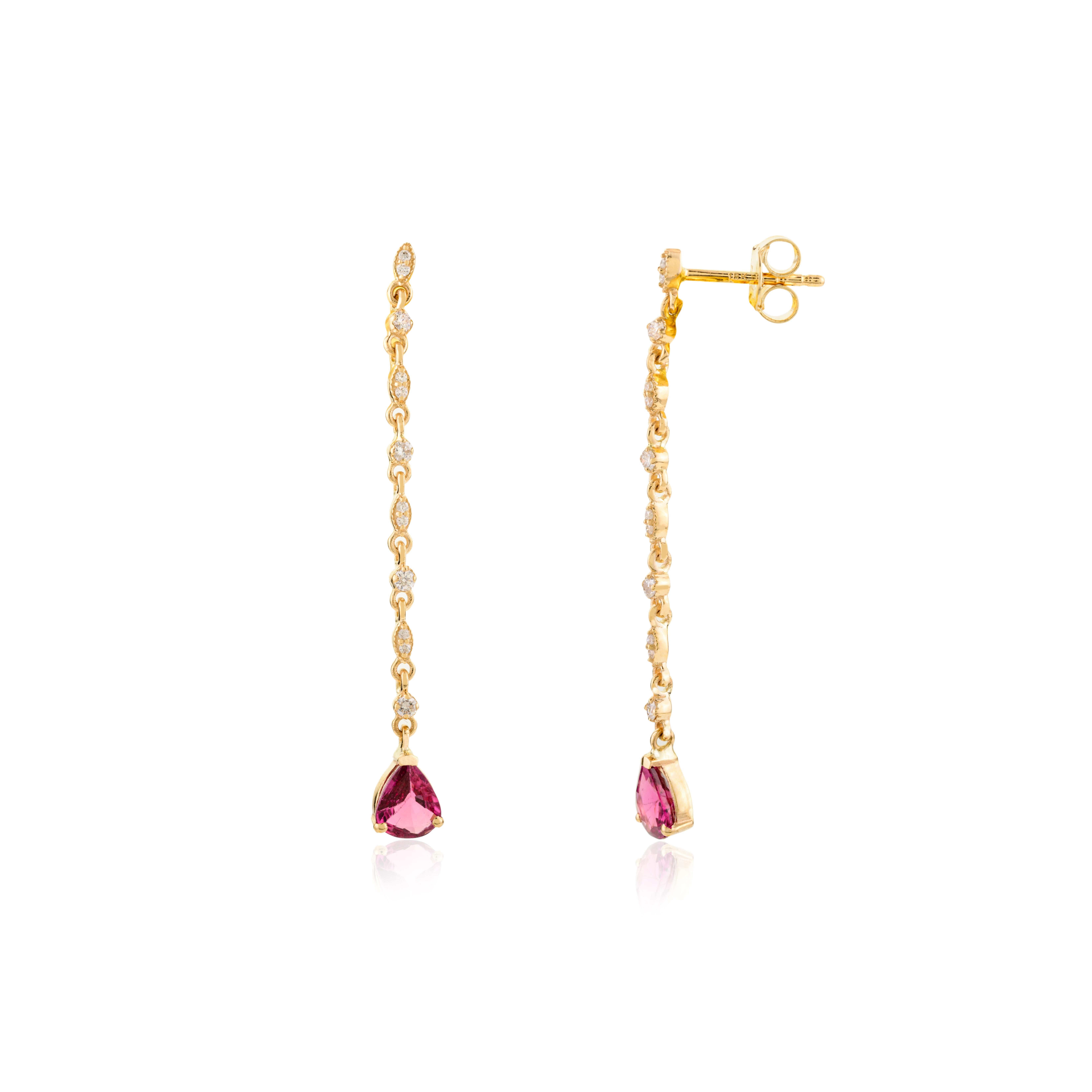 Women's Faceted Pear Cut Ruby & Diamond Hanging Long Dangle Earrings in 18k Yellow Gold For Sale