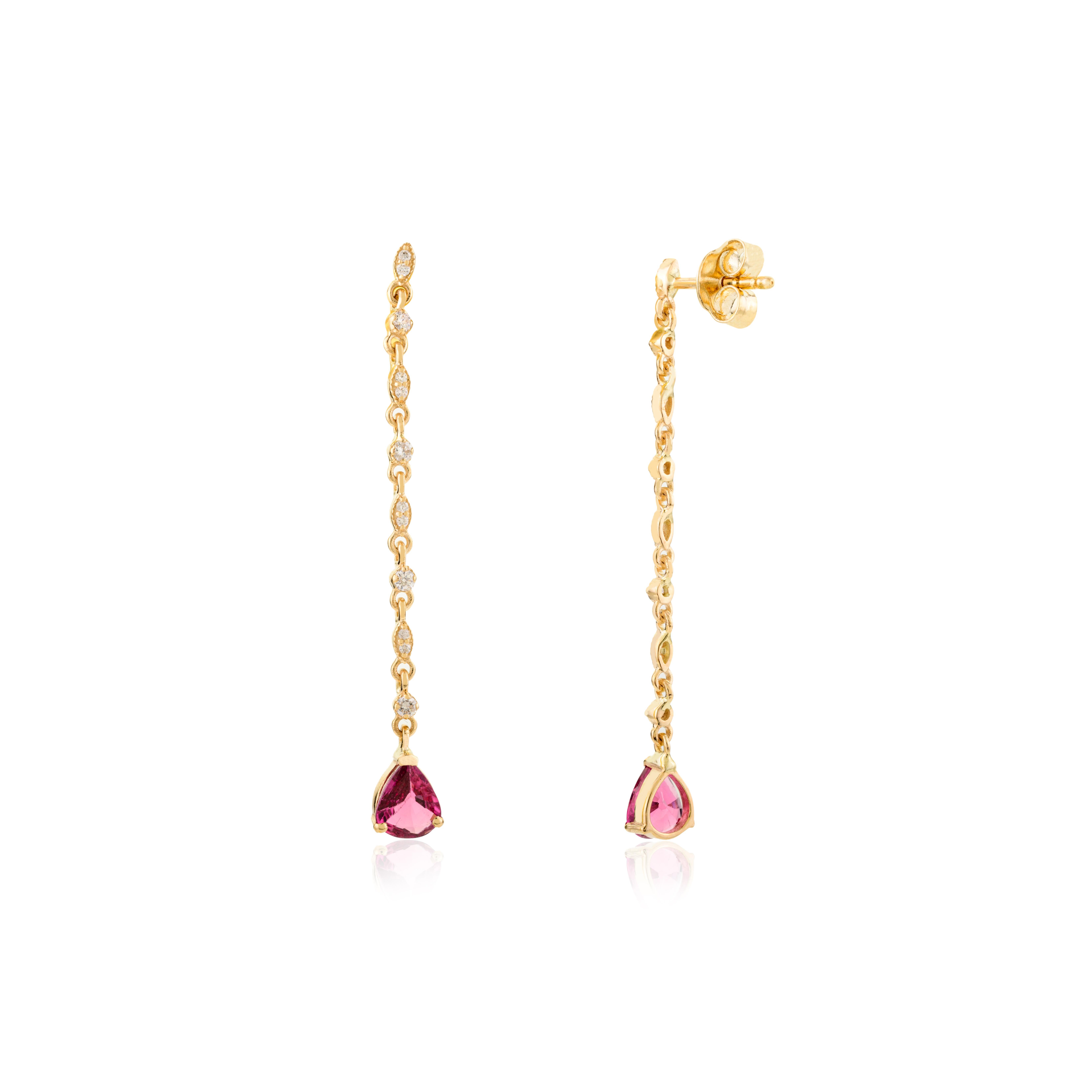 Faceted Pear Cut Ruby & Diamond Hanging Long Dangle Earrings in 18k Yellow Gold For Sale 2