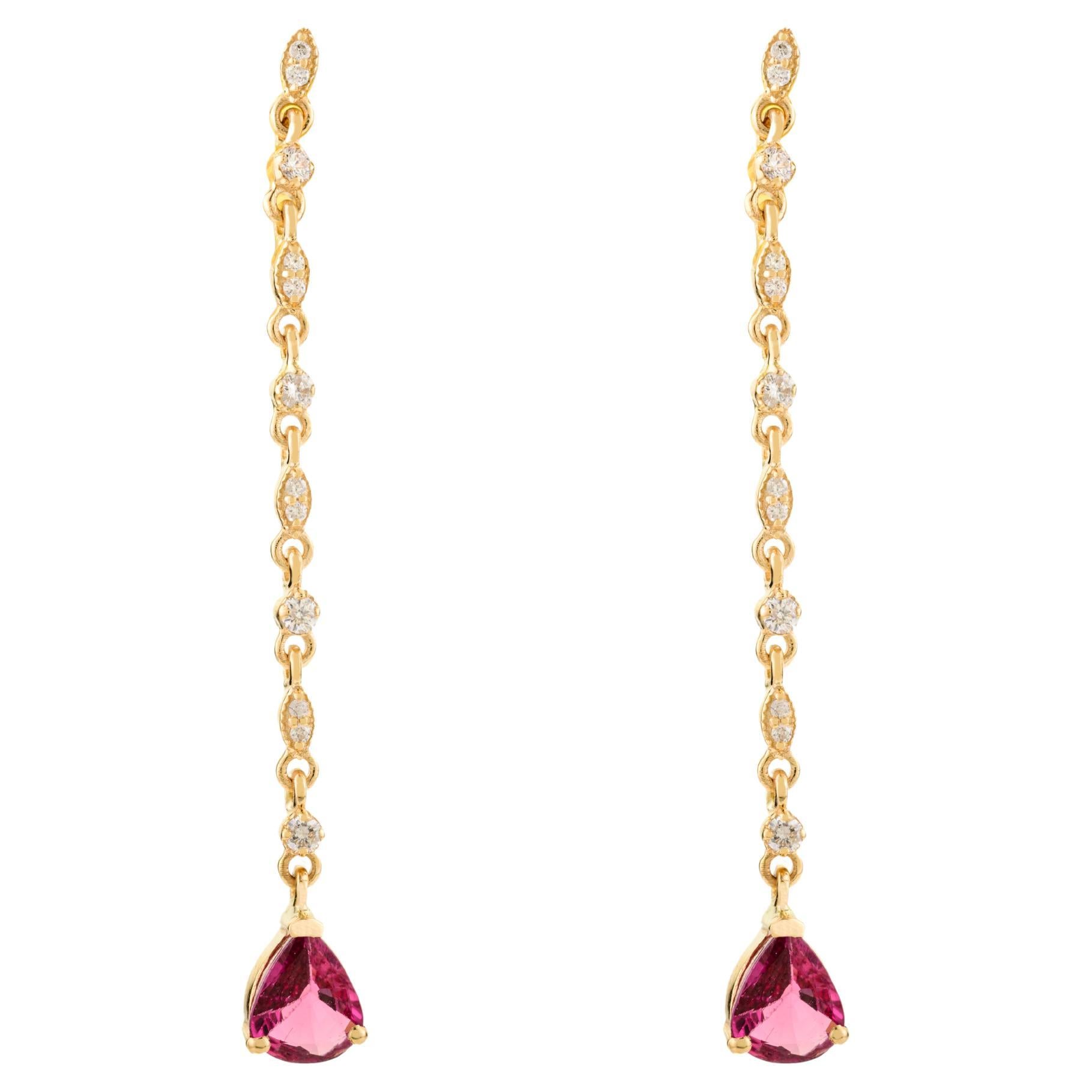 Faceted Pear Cut Ruby & Diamond Hanging Long Dangle Earrings in 18k Yellow Gold