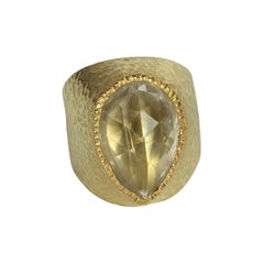 Faceted Pear Rock Crystal Hammered Gold Cocktail Ring