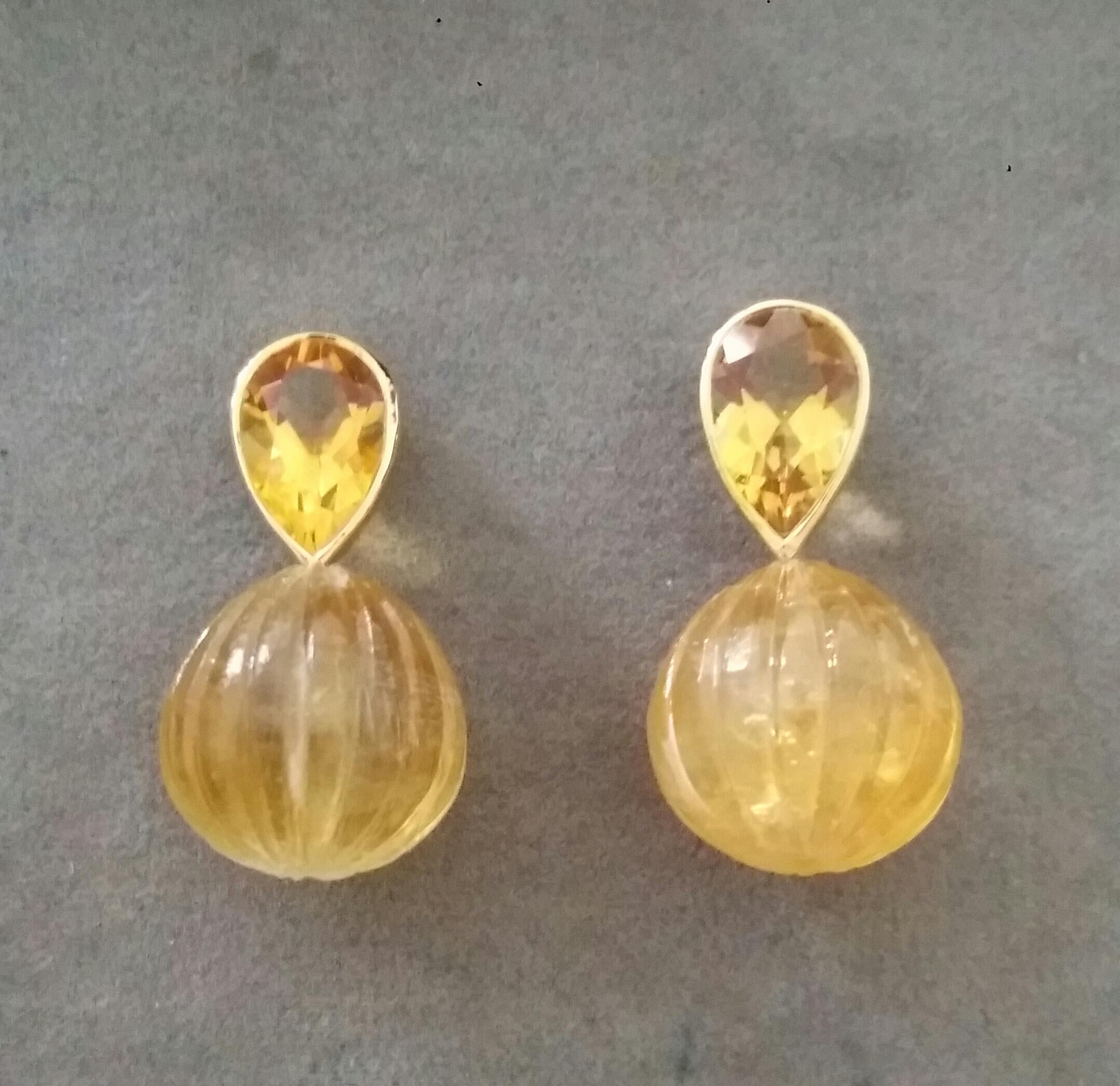Contemporary Faceted Pear Shape Citrine Gold Bezel Engraved Citrine Round Drops Stud Earrings For Sale