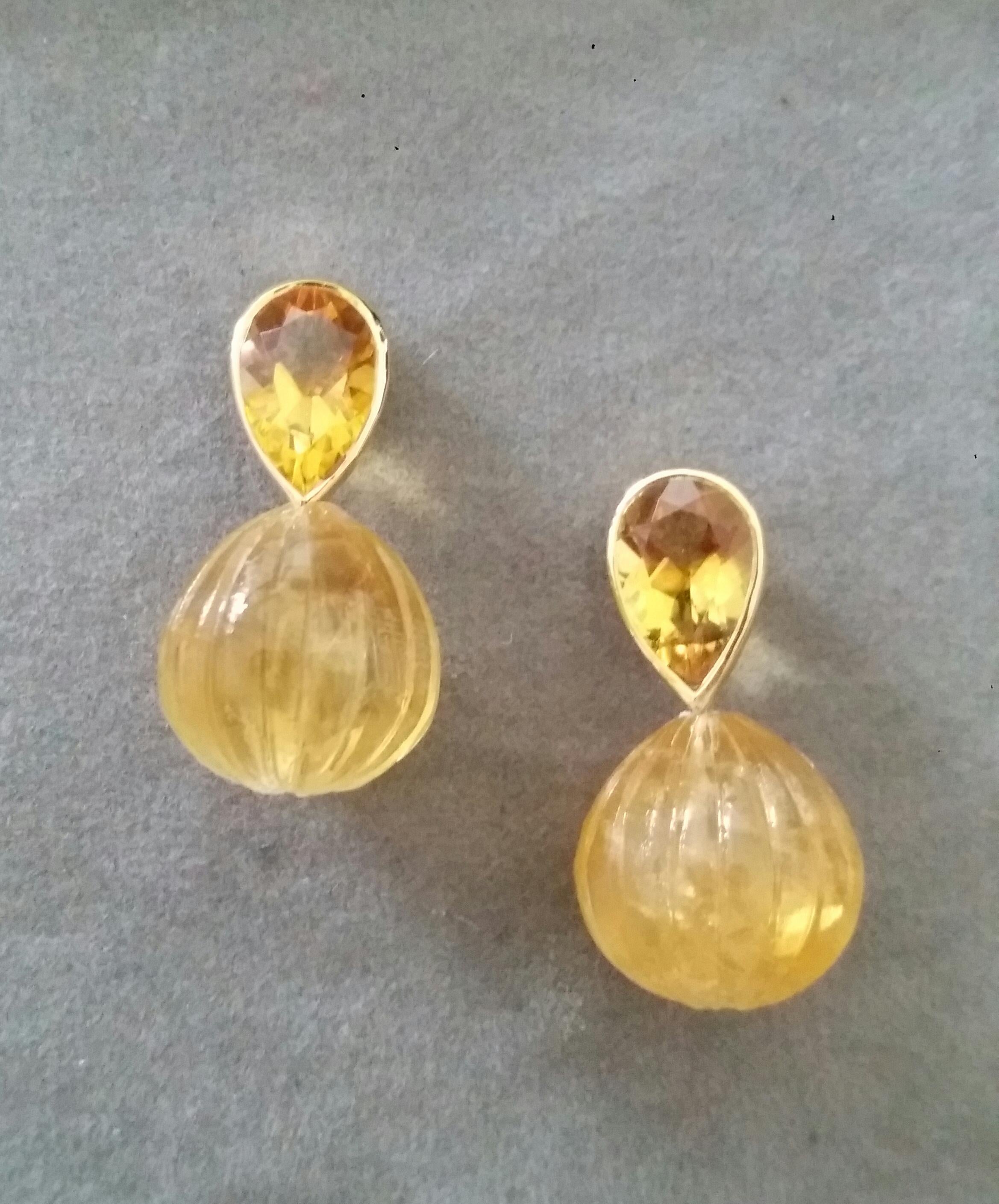 Pear Cut Faceted Pear Shape Citrine Gold Bezel Engraved Citrine Round Drops Stud Earrings For Sale