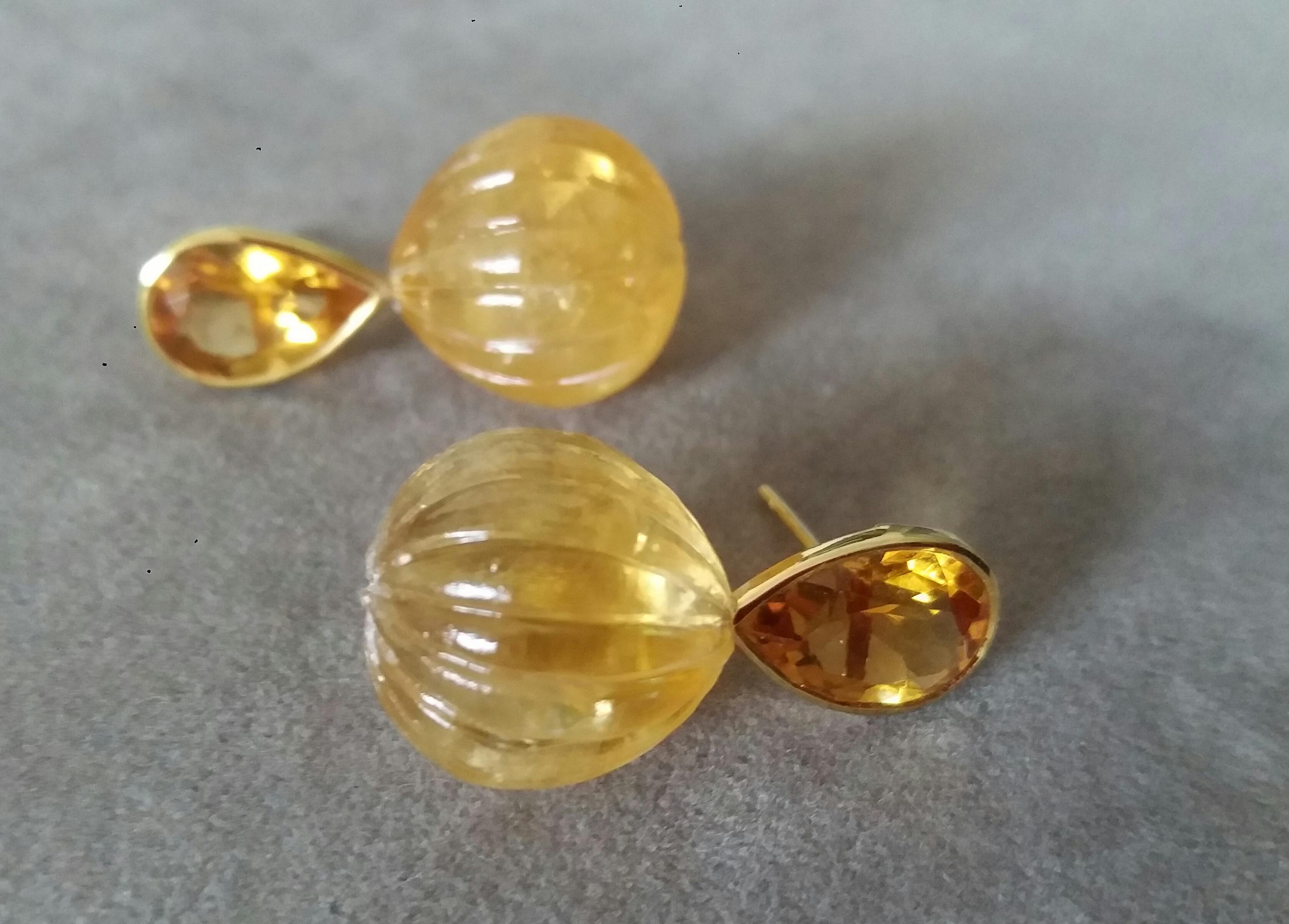 Women's Faceted Pear Shape Citrine Gold Bezel Engraved Citrine Round Drops Stud Earrings For Sale