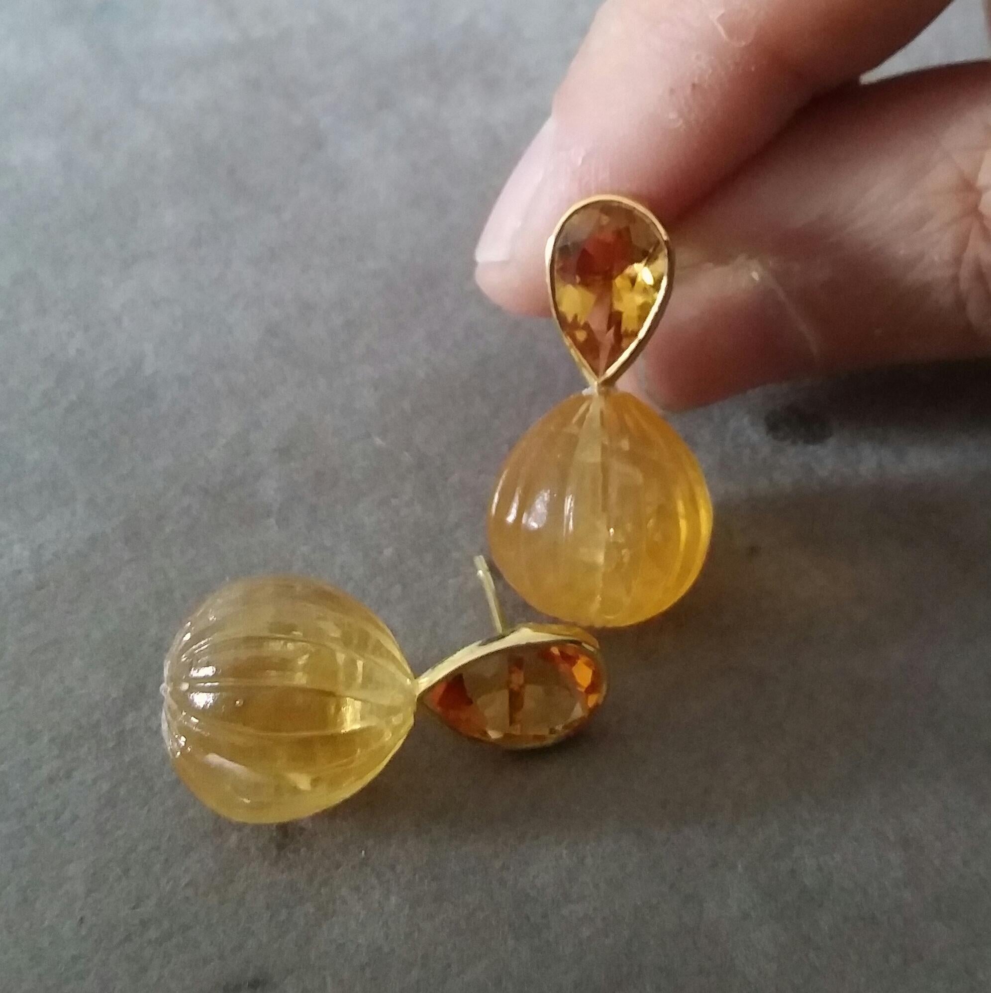 Faceted Pear Shape Citrine Gold Bezel Engraved Citrine Round Drops Stud Earrings For Sale 1