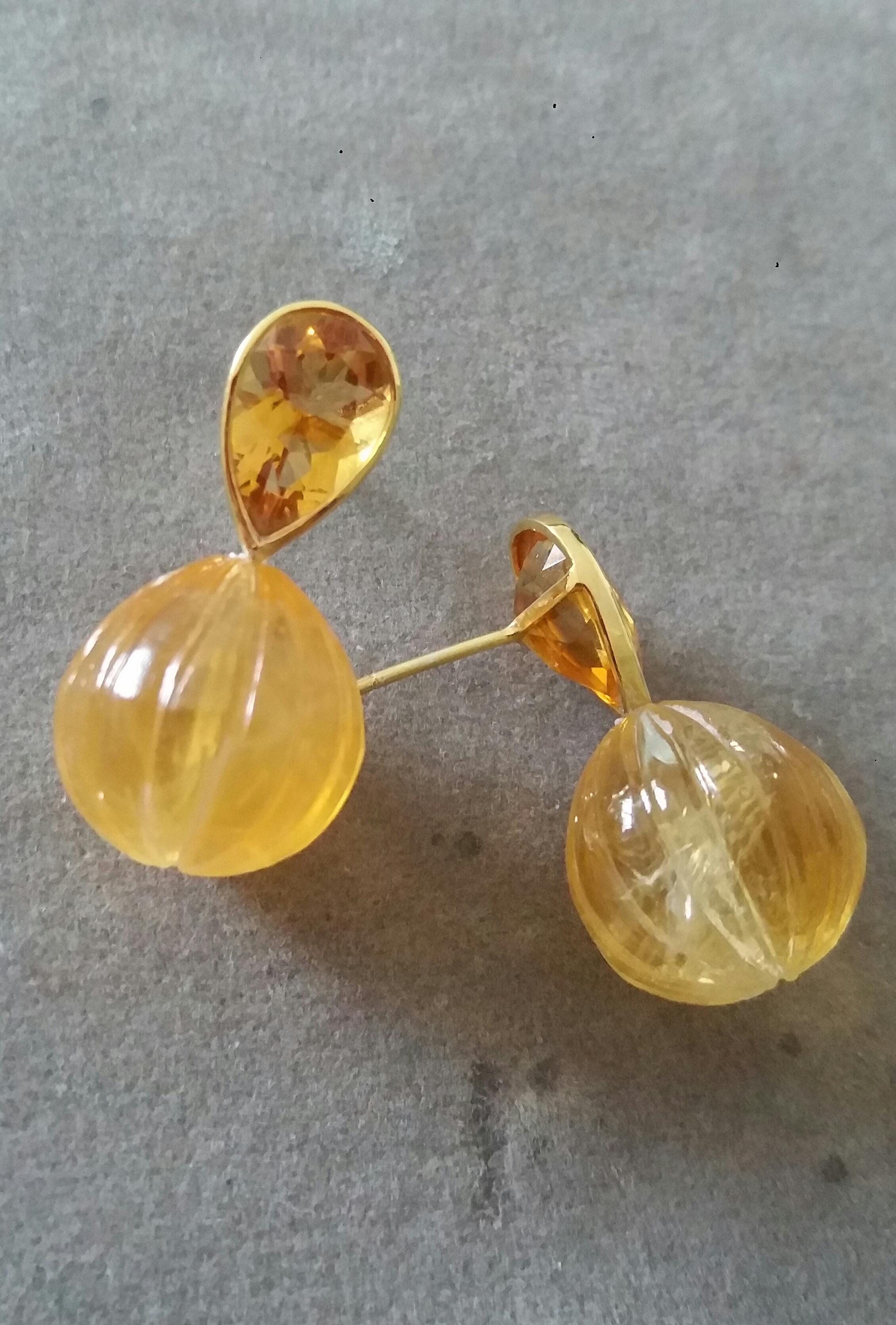 Faceted Pear Shape Citrine Gold Bezel Engraved Citrine Round Drops Stud Earrings For Sale 3