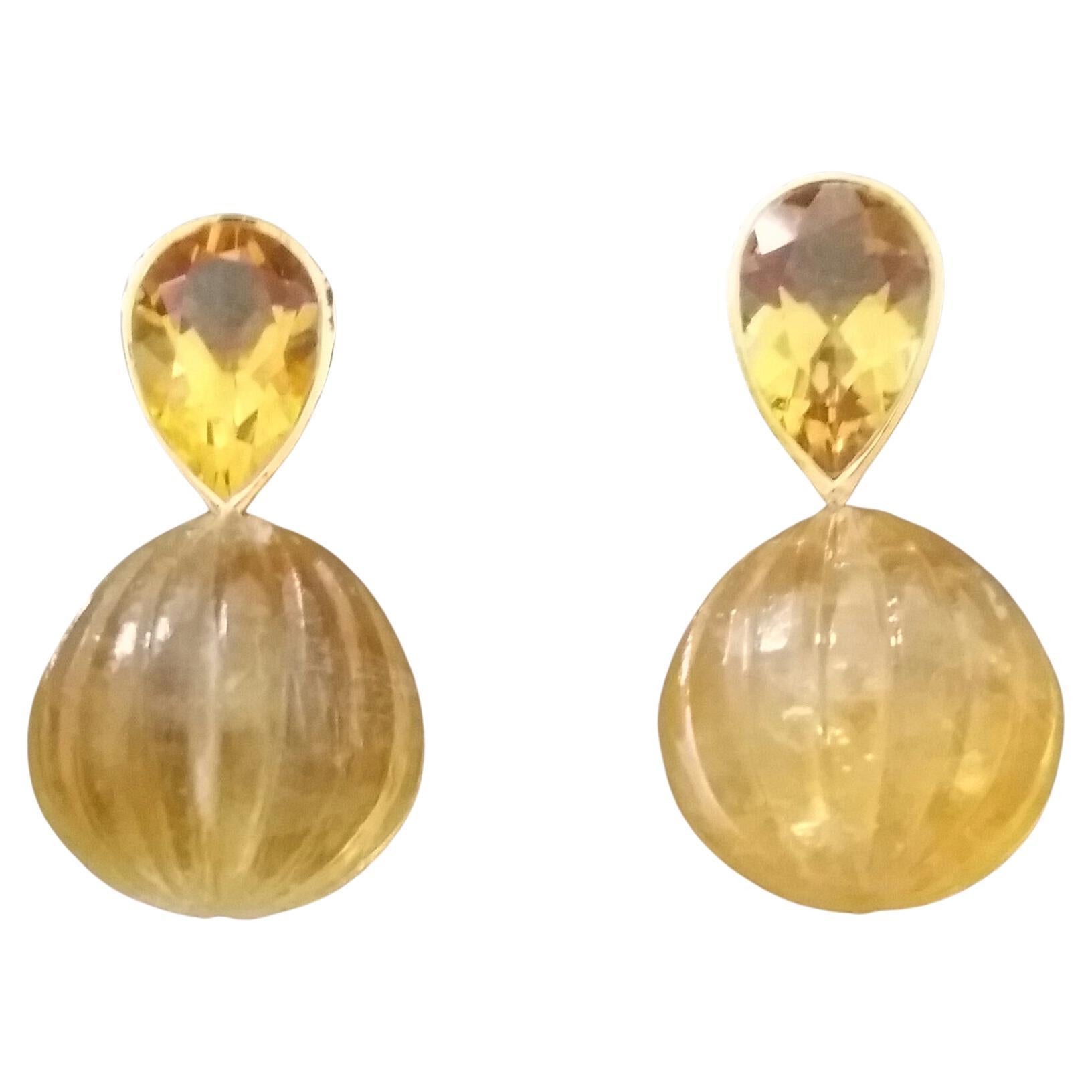 Faceted Pear Shape Citrine Gold Bezel Engraved Citrine Round Drops Stud Earrings For Sale