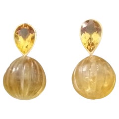 Faceted Pear Shape Citrine Gold Bezel Engraved Citrine Round Drops Stud Earrings