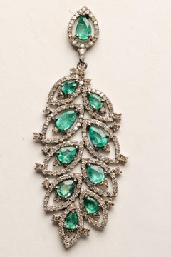 Faceted Pear-Shaped Emerald and Diamond Dangle Chandelier Earrings