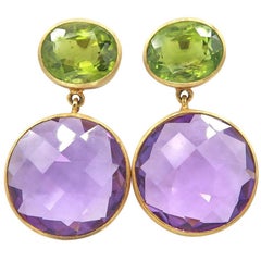 Faceted Peridot and Amethyst Medallion Plain Brushed Yellow Gold Dangle Earrings