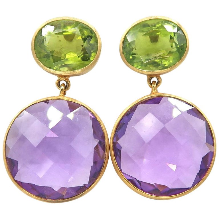 Faceted Peridot and Amethyst Medallion Plain Brushed Yellow Gold Dangle ...