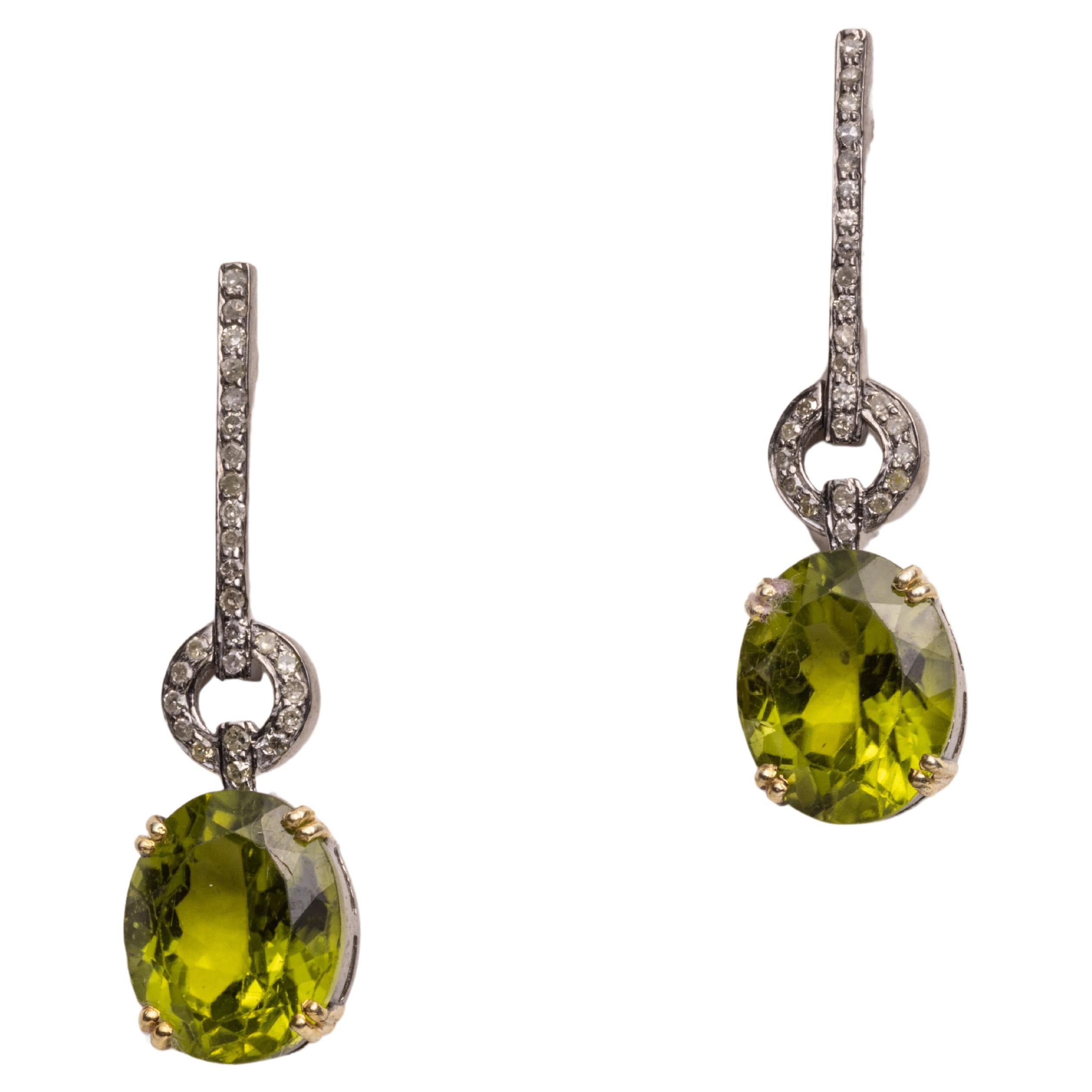 Faceted Peridot and Diamond Drop Earrings For Sale