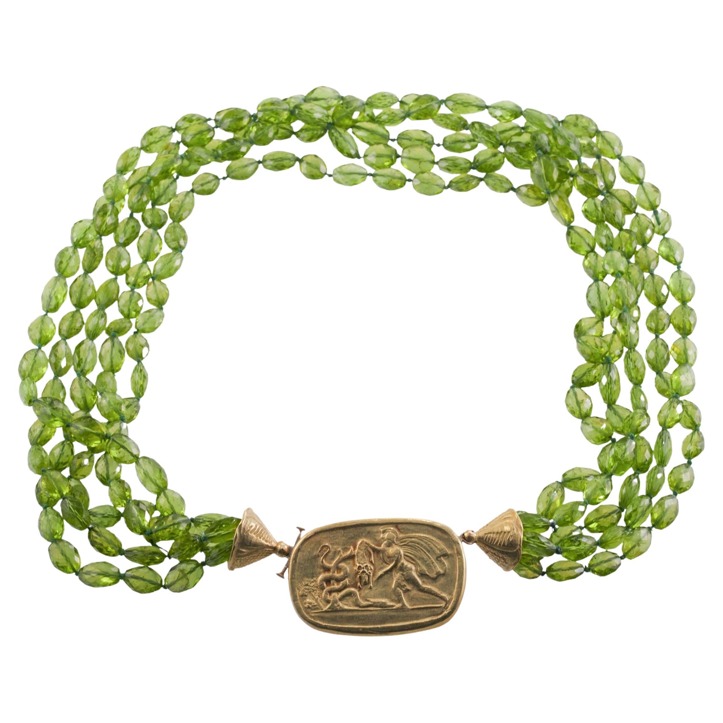 Faceted Peridot Bead Gold Multi Strand Necklace For Sale