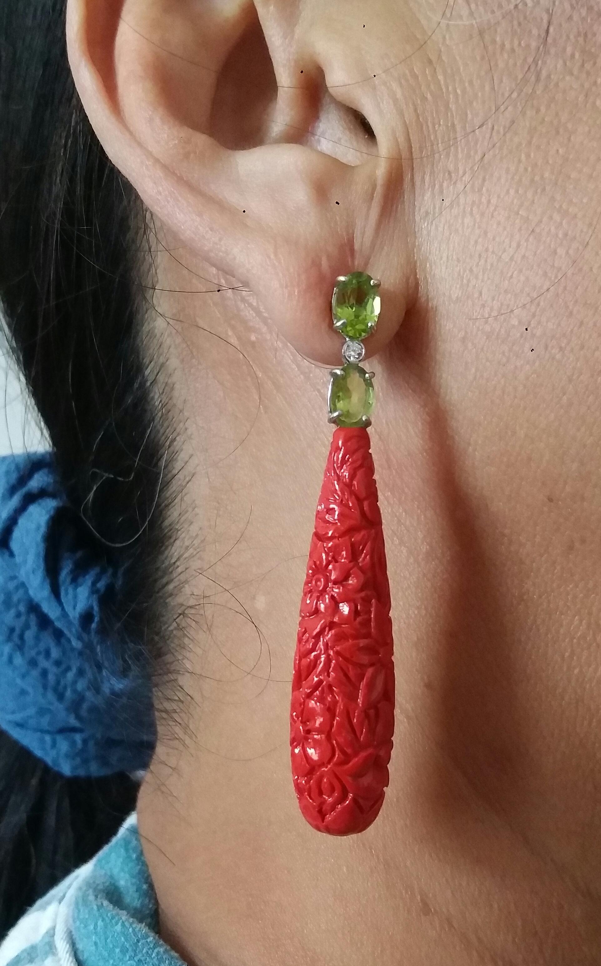 Faceted Peridot White Gold Diamonds Carved Chinese Red Lacquer Drop Earrings For Sale 5