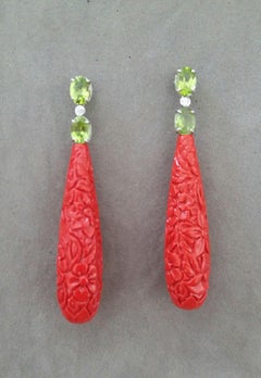 Faceted Peridot White Gold Diamonds Carved Chinese Red Lacquer Drop Earrings
