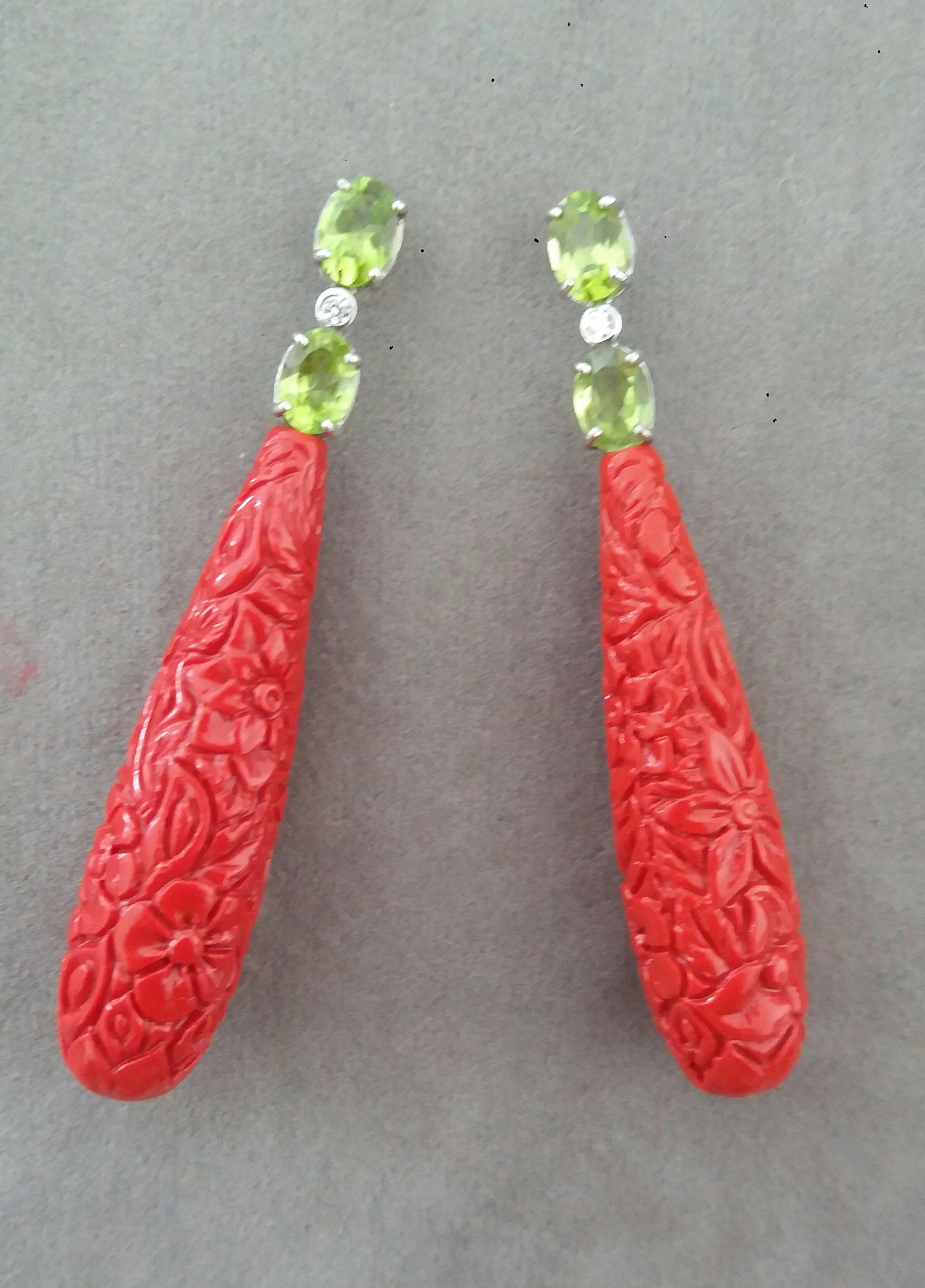 Artisan Faceted Peridot White Gold Diamonds Carved Chinese Red Lacquer Drop Earrings For Sale