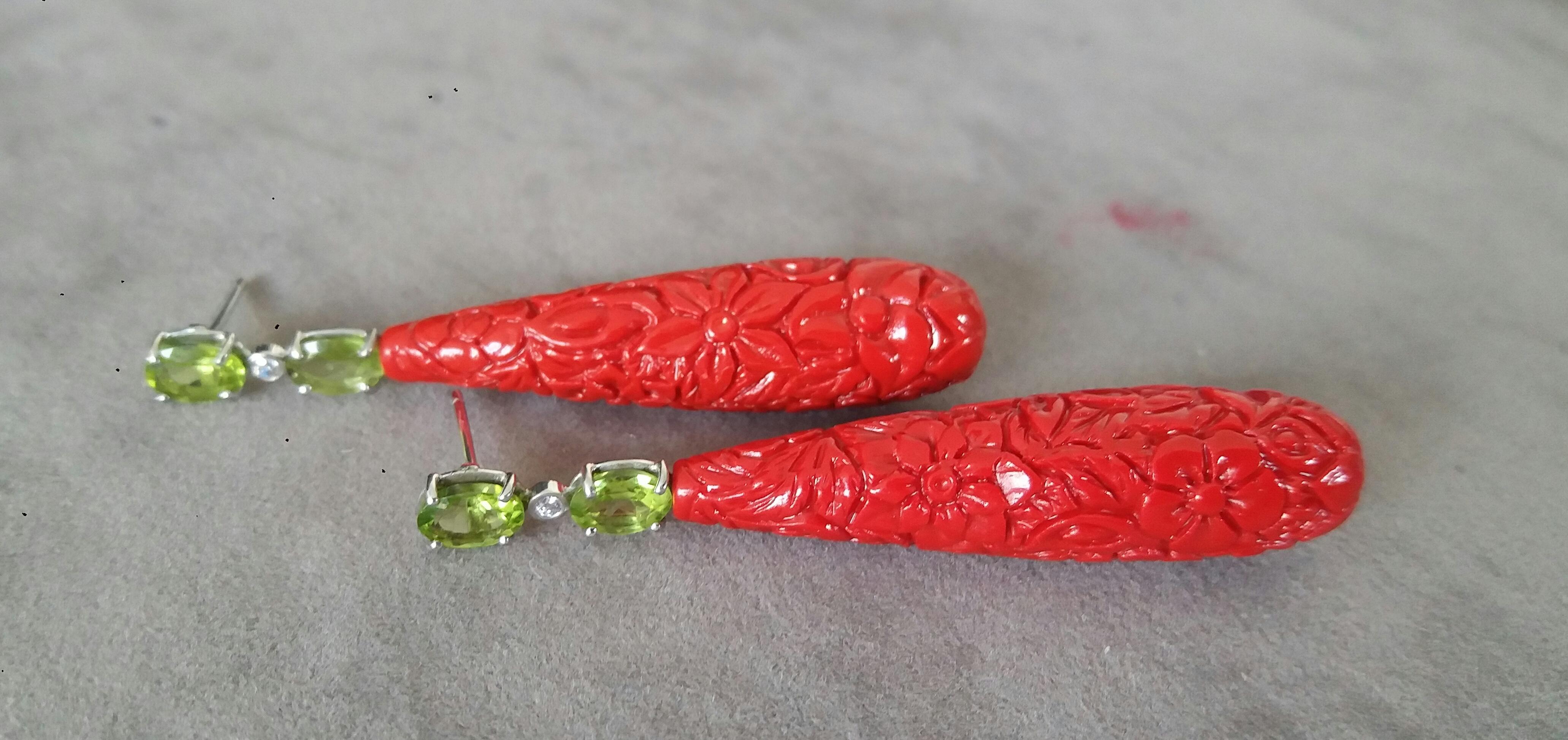 Mixed Cut Faceted Peridot White Gold Diamonds Carved Chinese Red Lacquer Drop Earrings For Sale