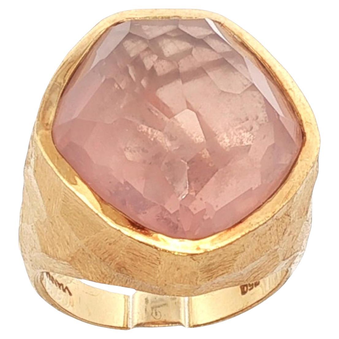 Faceted Pink Quartz 18 Karat Yellow Gold Artisan Handcrafted Chunky Ring For Sale