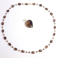 Faceted Quartz Heart Pendant and Beaded Necklace in 14 Karat Yellow Gold