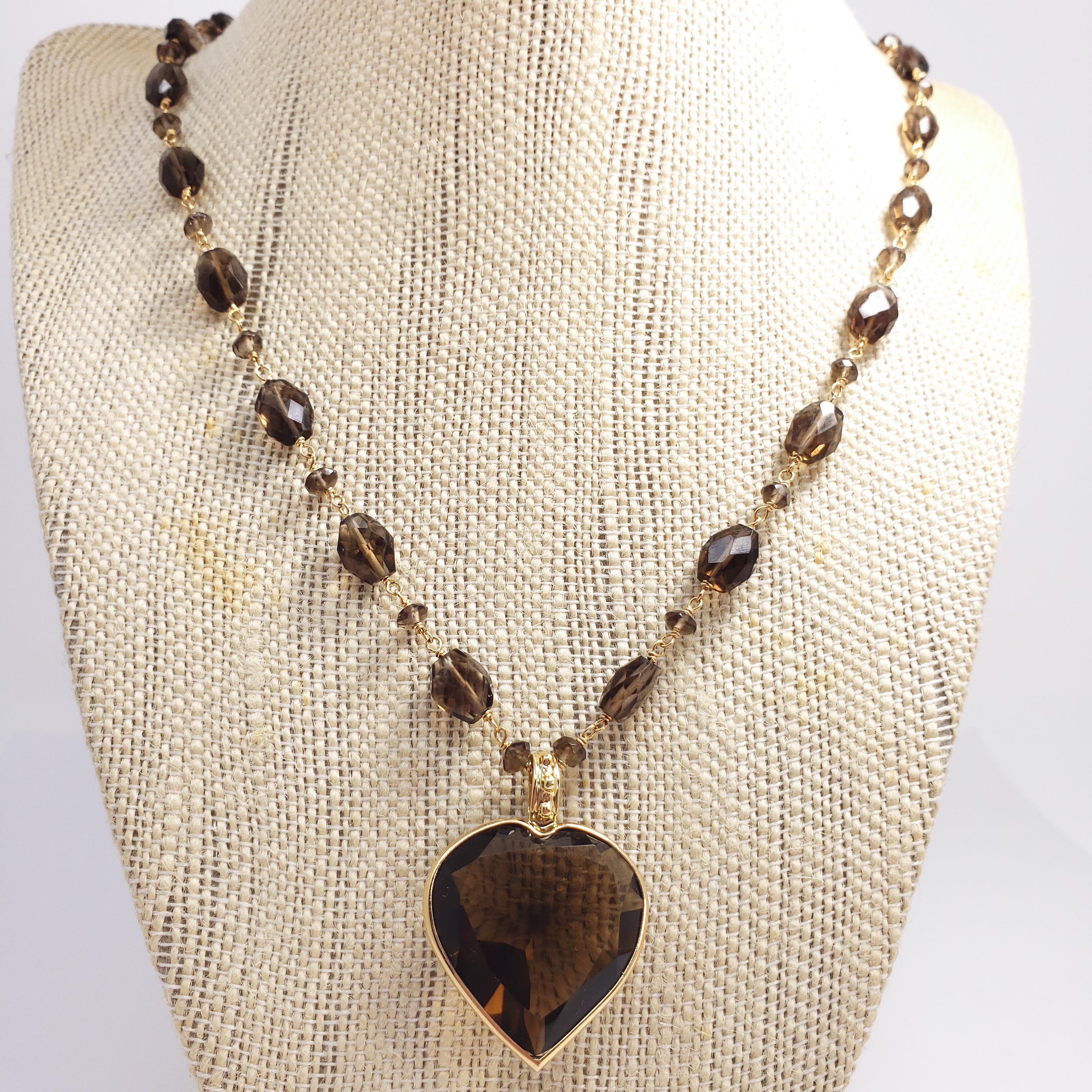 Women's or Men's Faceted Quartz Heart Pendant and Beaded Necklace in 14 Karat Yellow Gold For Sale