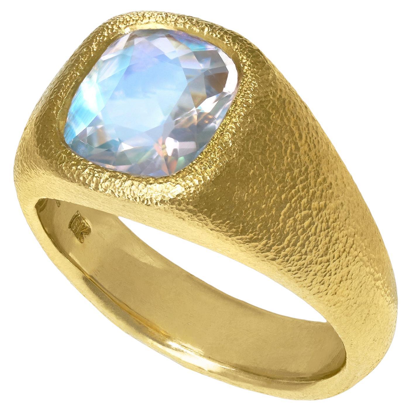 Faceted Rainbow Moonstone Cushion Gold Solitaire Signet Ring, Devta Doolan 2022