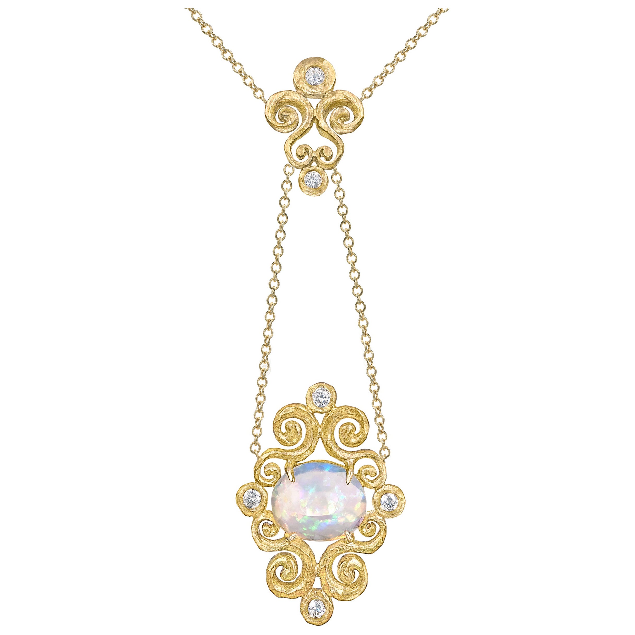 Pamela Froman, collier goutte Arabesque en or, opale arc-en-ciel facettée et diamants, 2021 en vente