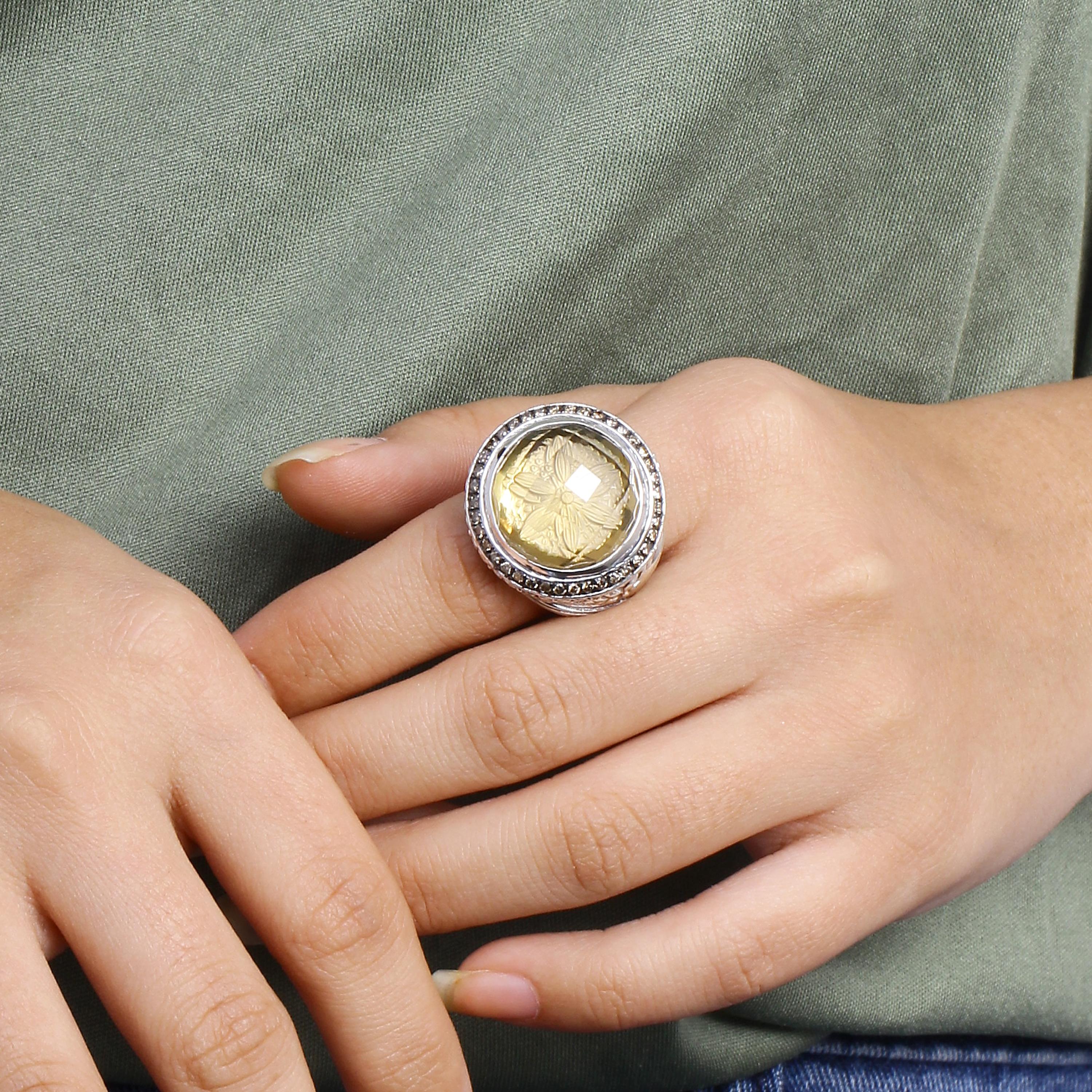 For Sale:  Faceted Rd Smoky Quartz Internally Carved 0.55Cts Cham Dia Sterling Silver Ring 4