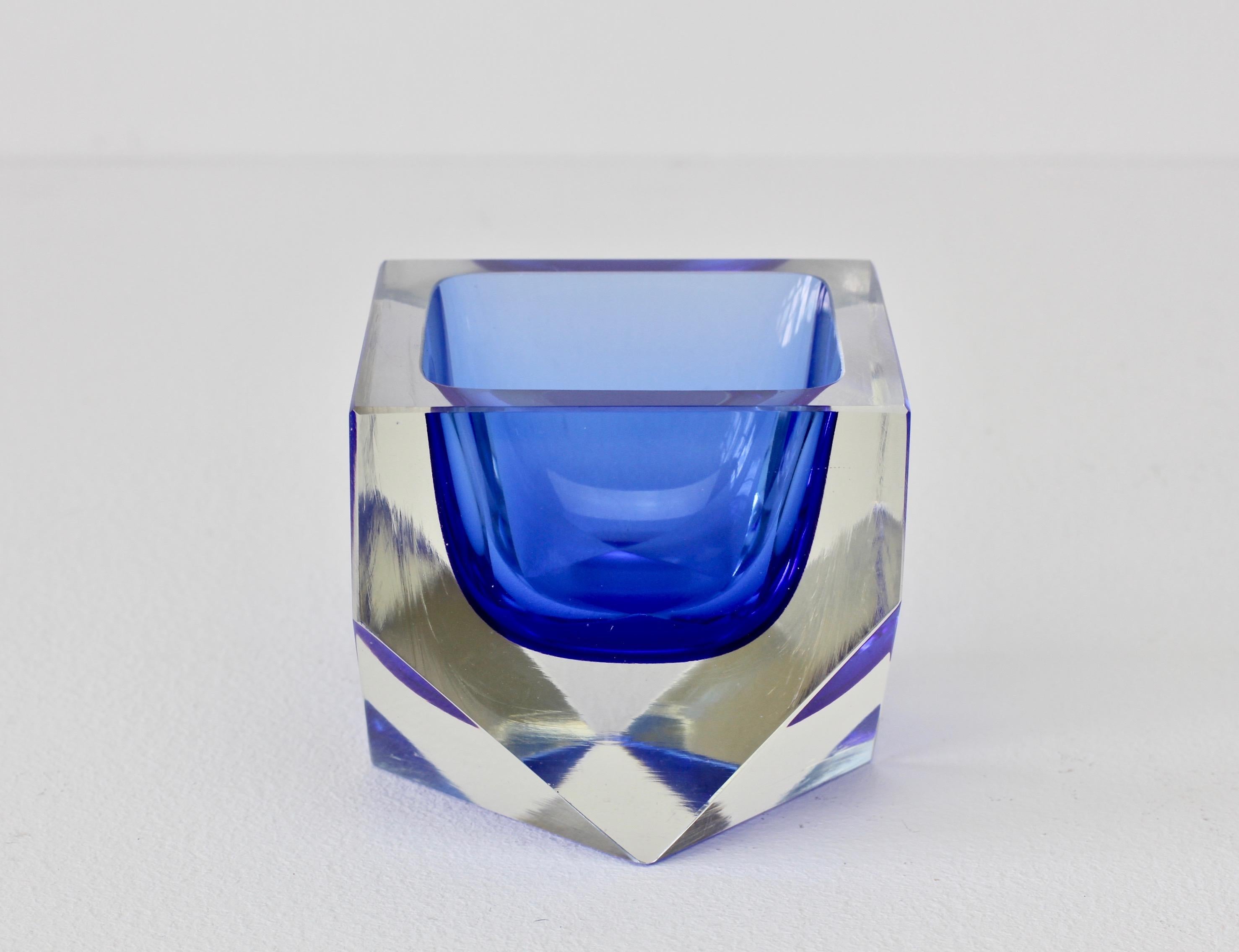Faceted Blue and Clear Murano Sommerso Cut Glass Bowl Attributed to Mandruzzato  1