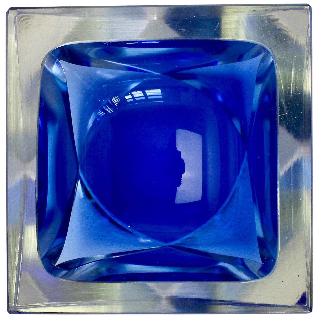 Faceted Blue and Clear Murano Sommerso Cut Glass Bowl Attributed to Mandruzzato 